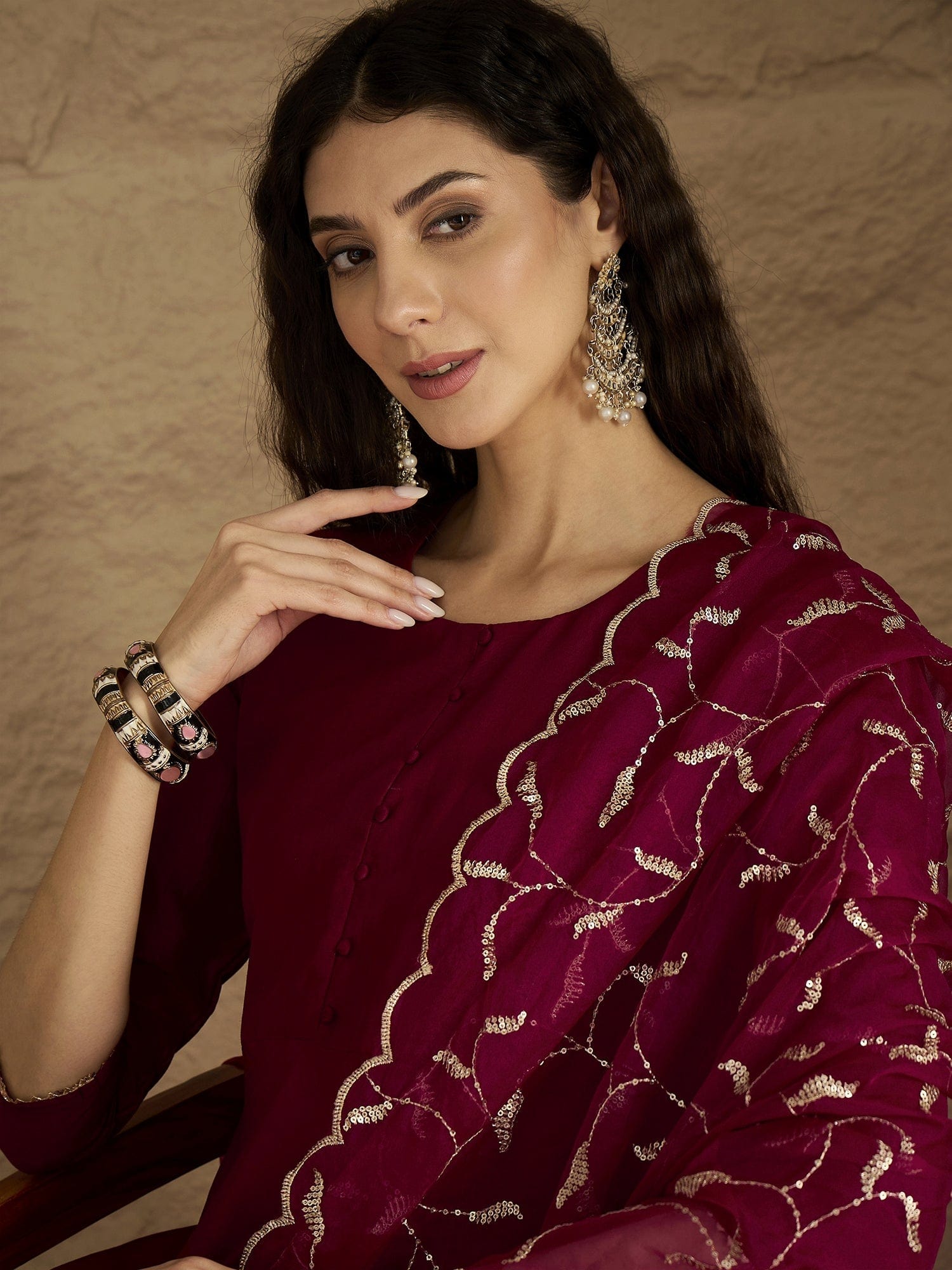Round Neck Anarkali With Trouser And Dupatta