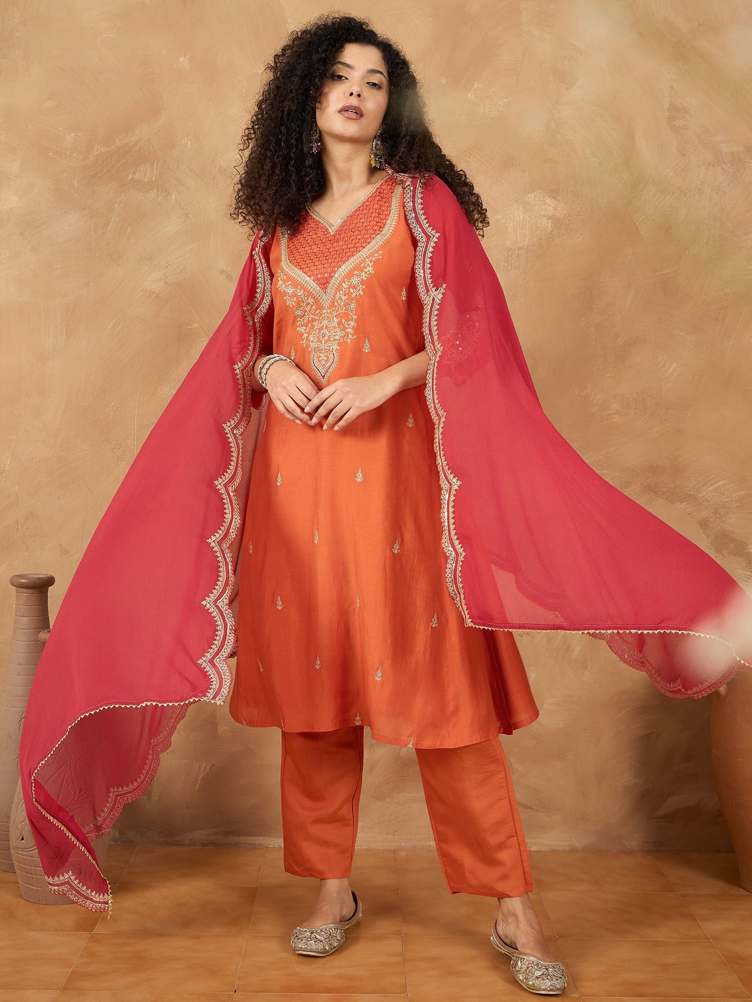 Zari Embroidered A Line Kurta With Trouser & Contrast Dupatta