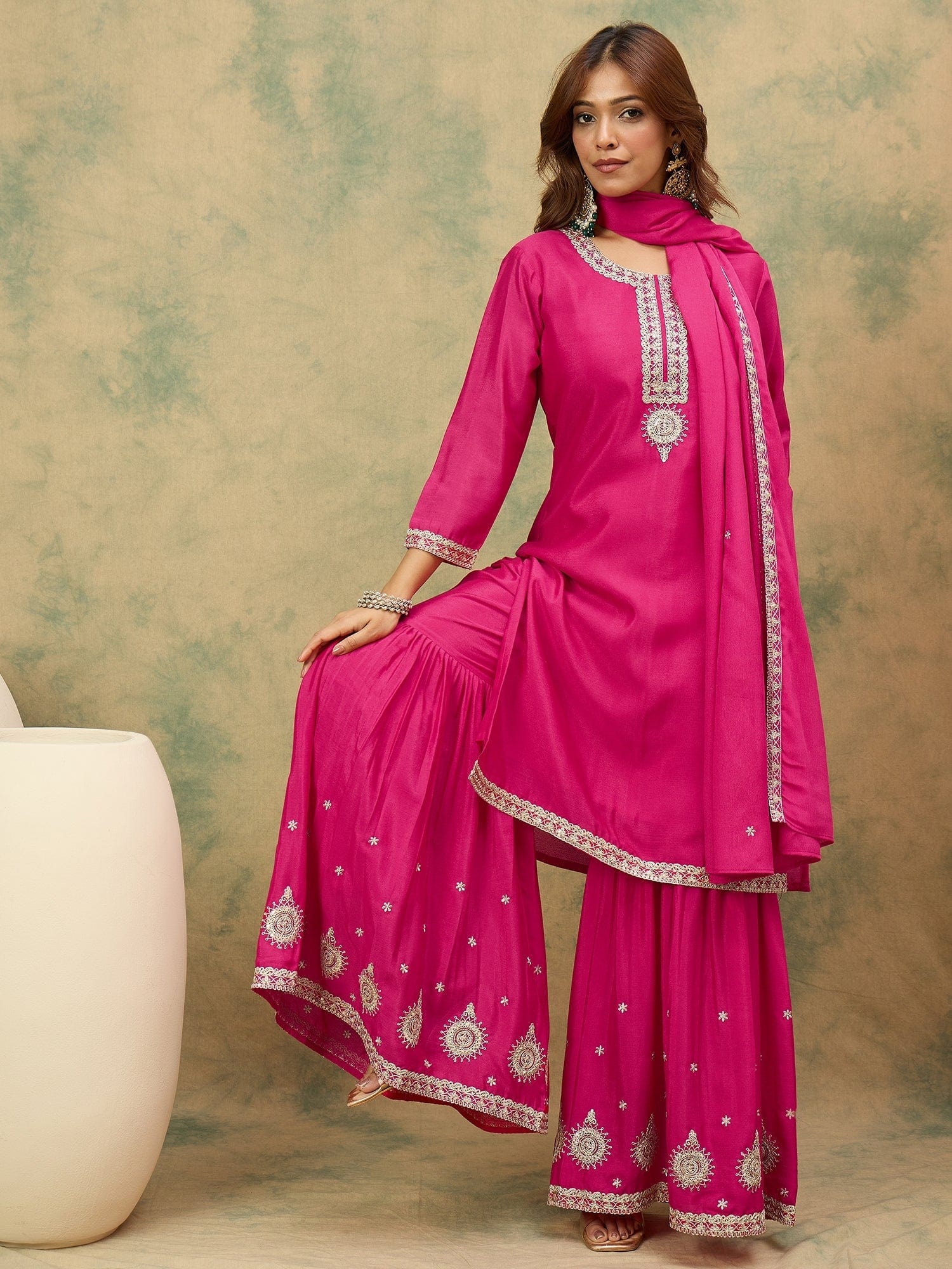Varanga Women Zari Embroidered Yoke Kurta With Sharara And Dupatta
