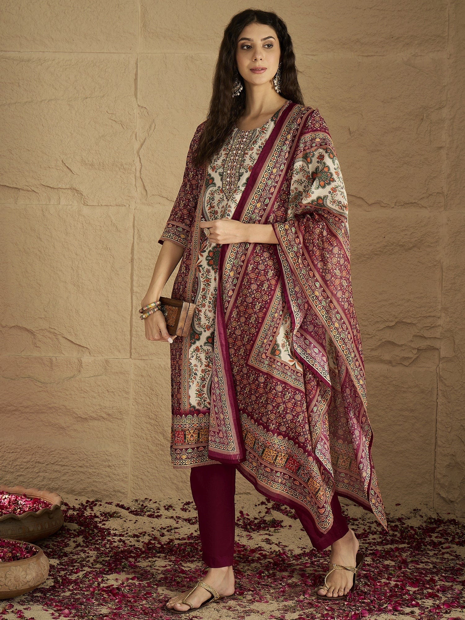 Ethnic Pakistani Printed Mirror And Thread Embroidered Kurta with Trouser & Dupatta