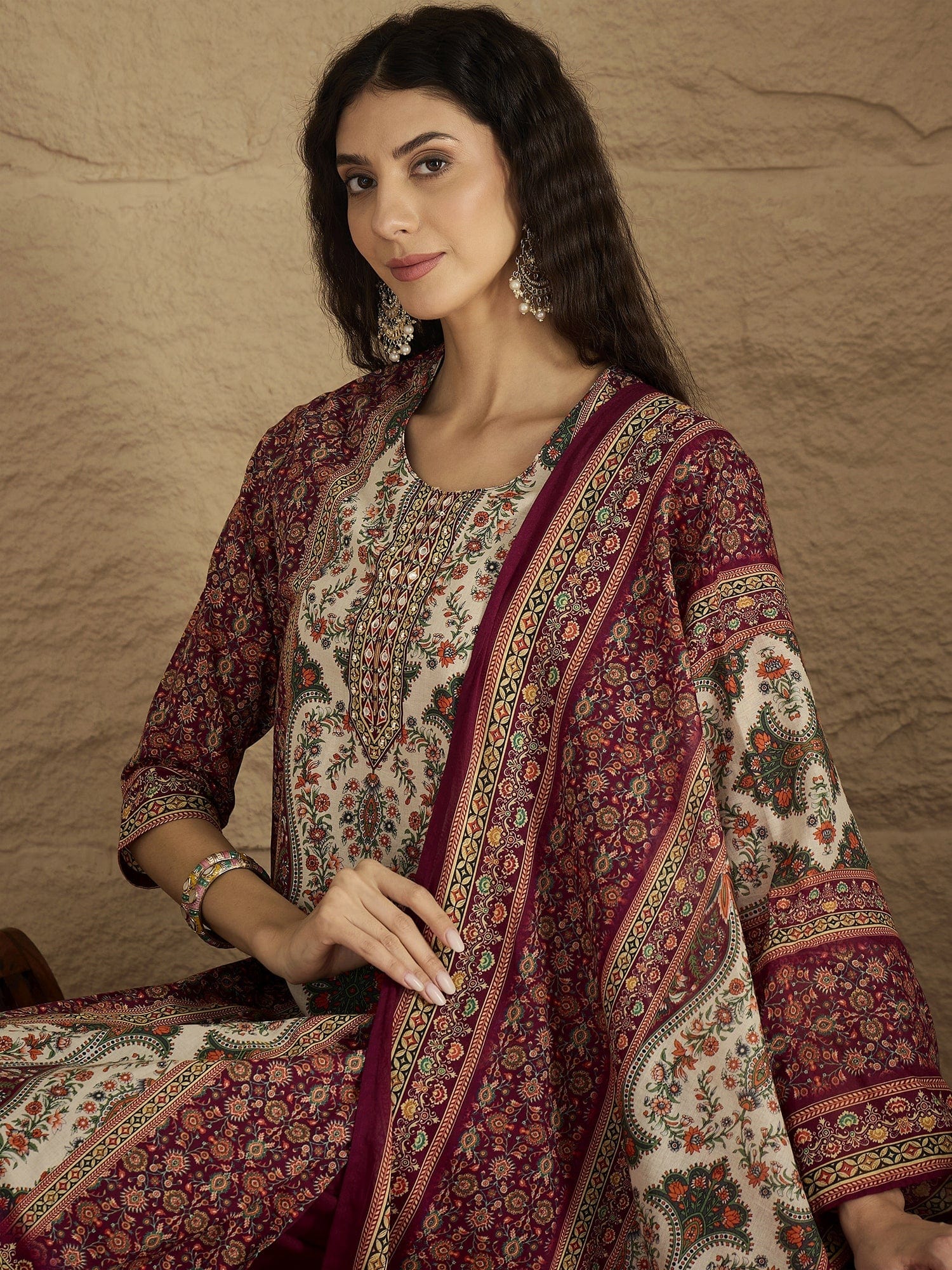 Ethnic Pakistani Printed Mirror And Thread Embroidered Kurta with Trouser & Dupatta
