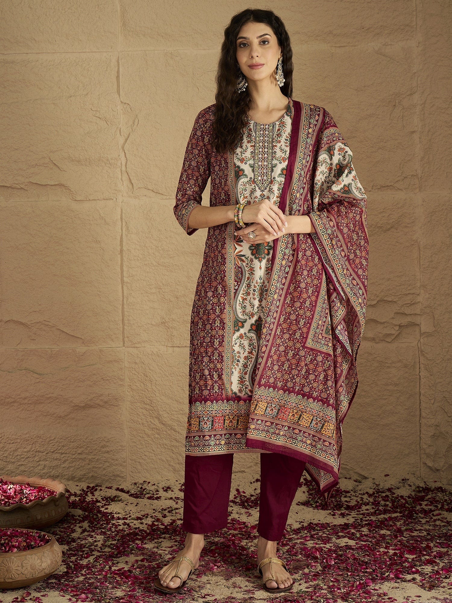 Ethnic Pakistani Printed Mirror And Thread Embroidered Kurta with Trouser & Dupatta