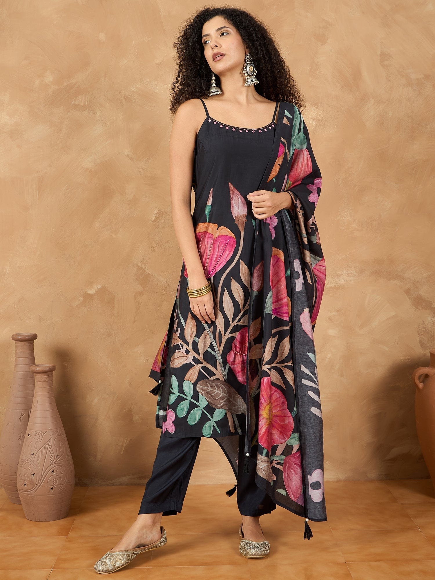 Bold Floral Printed Kurta With Trouser & Dupatta