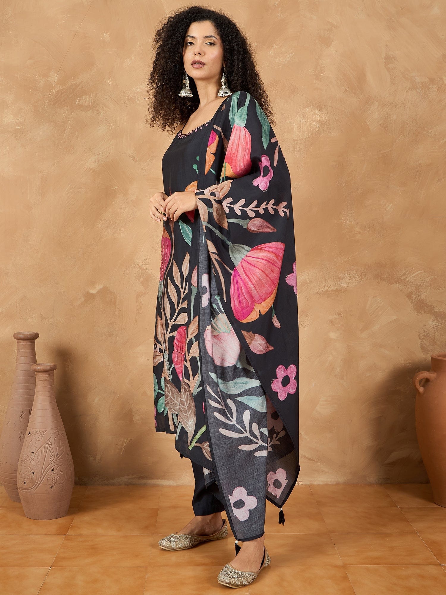 Bold Floral Printed Kurta With Trouser & Dupatta