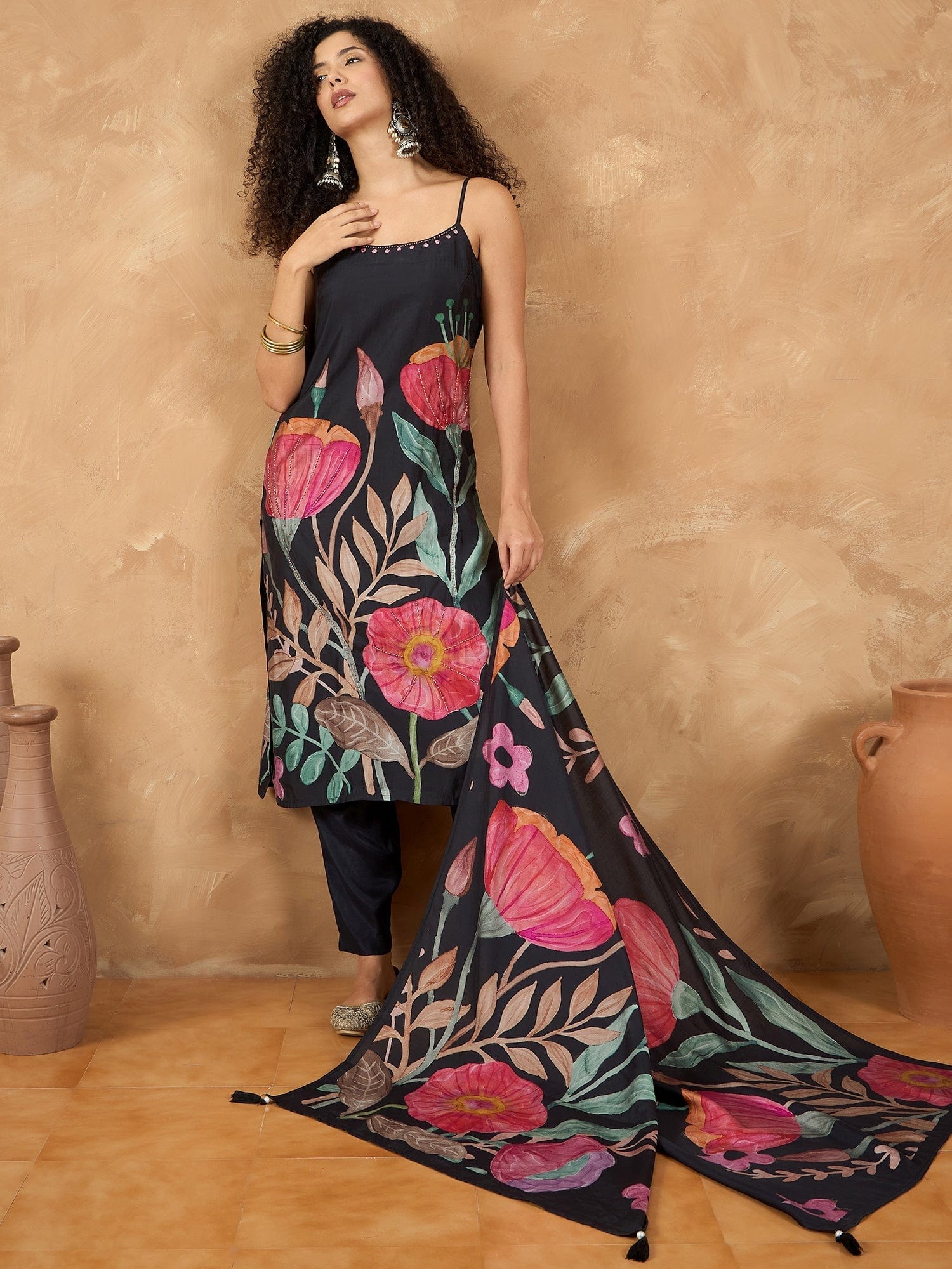 Bold Floral Printed Kurta With Trouser & Dupatta