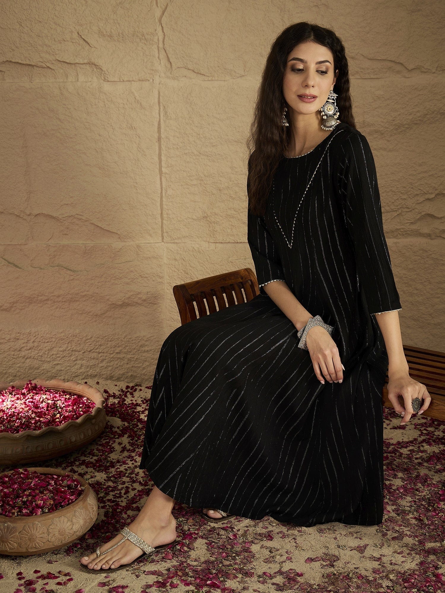 Varanga Women Black Lurex Crepe Anarkali Kurta With Trousers.