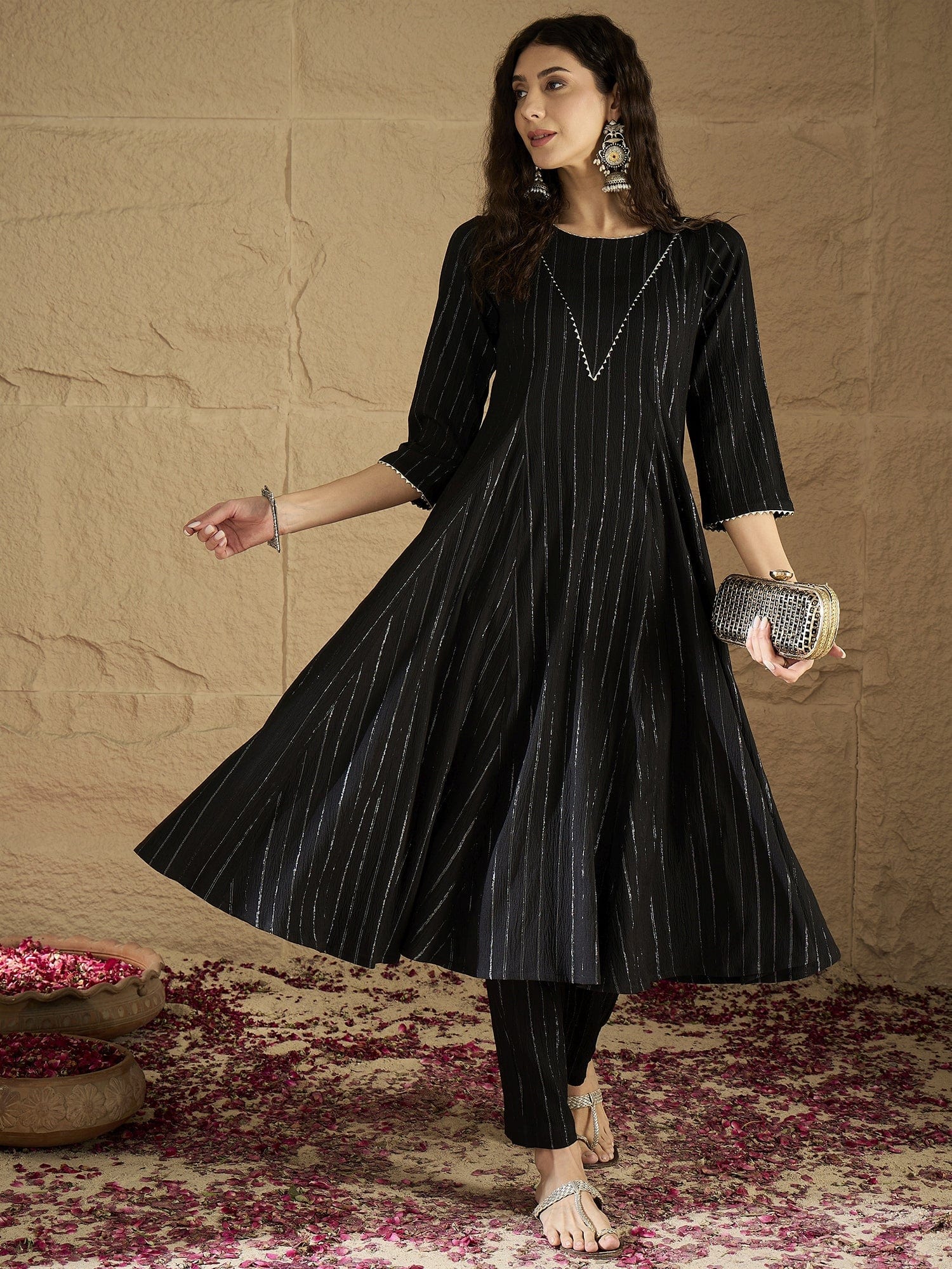 Varanga Women Black Lurex Crepe Anarkali Kurta With Trousers.