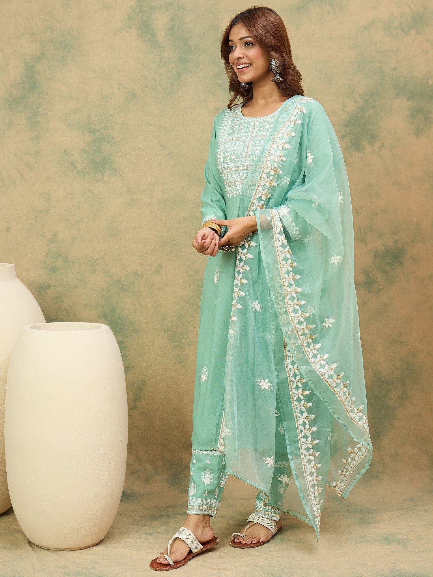 Varanga Women Ethnic Motifs Embroidered Thread Work Kurta with Trousers & With Dupatta