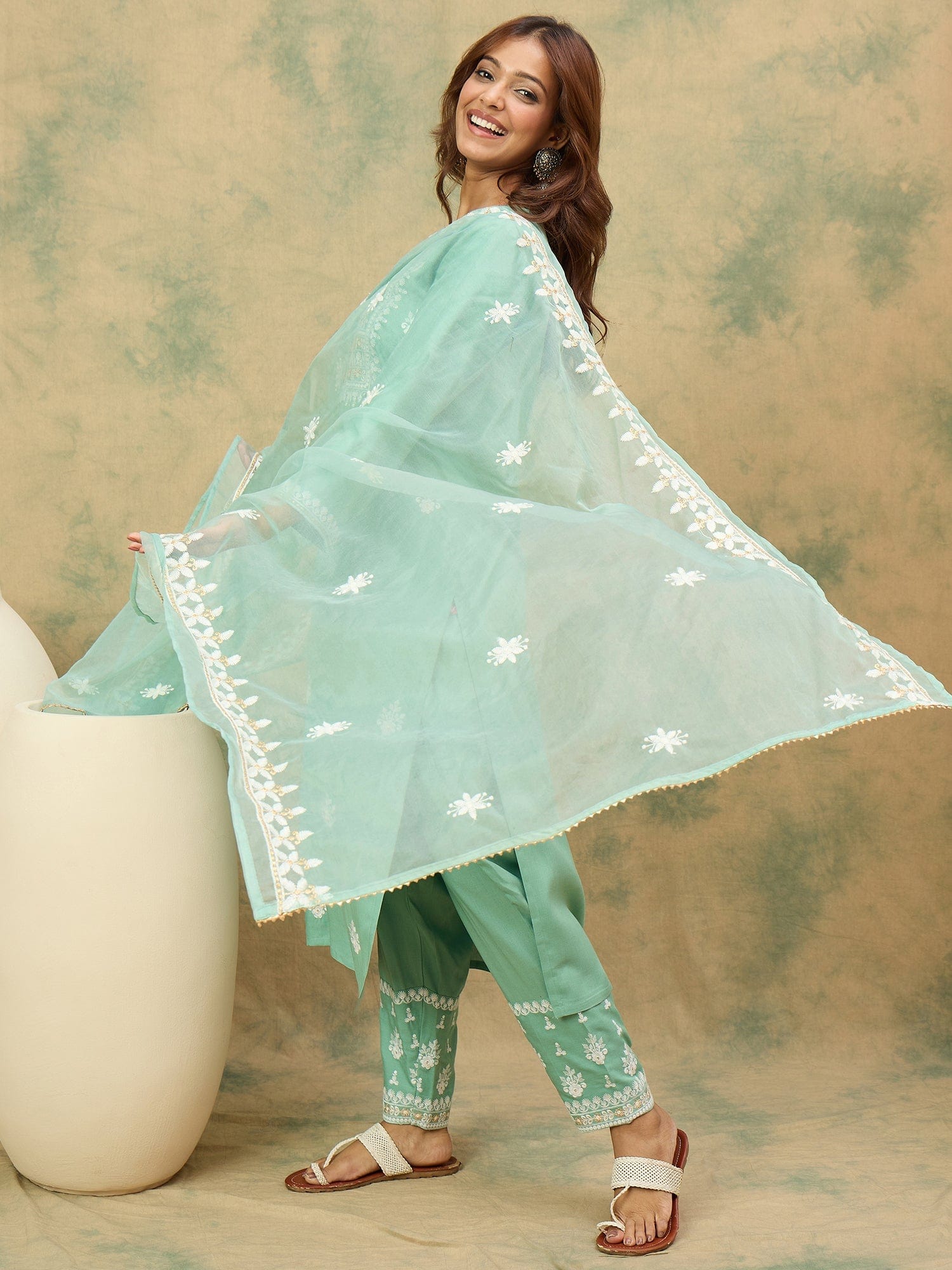 Varanga Women Ethnic Motifs Embroidered Thread Work Kurta with Trousers & With Dupatta