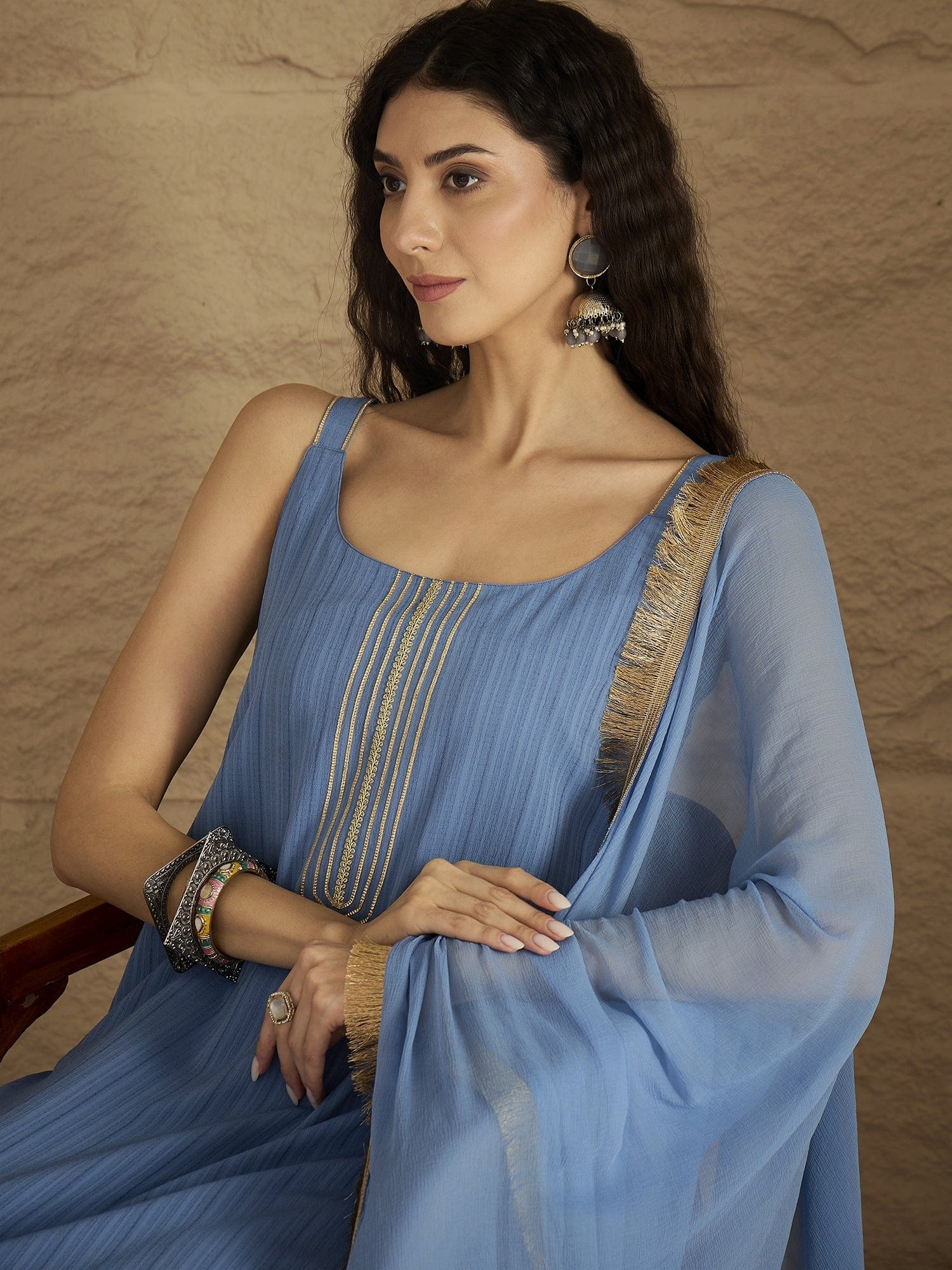 Varanga Women Blue Straight Kurta With Tonal Bottom & Dupatta