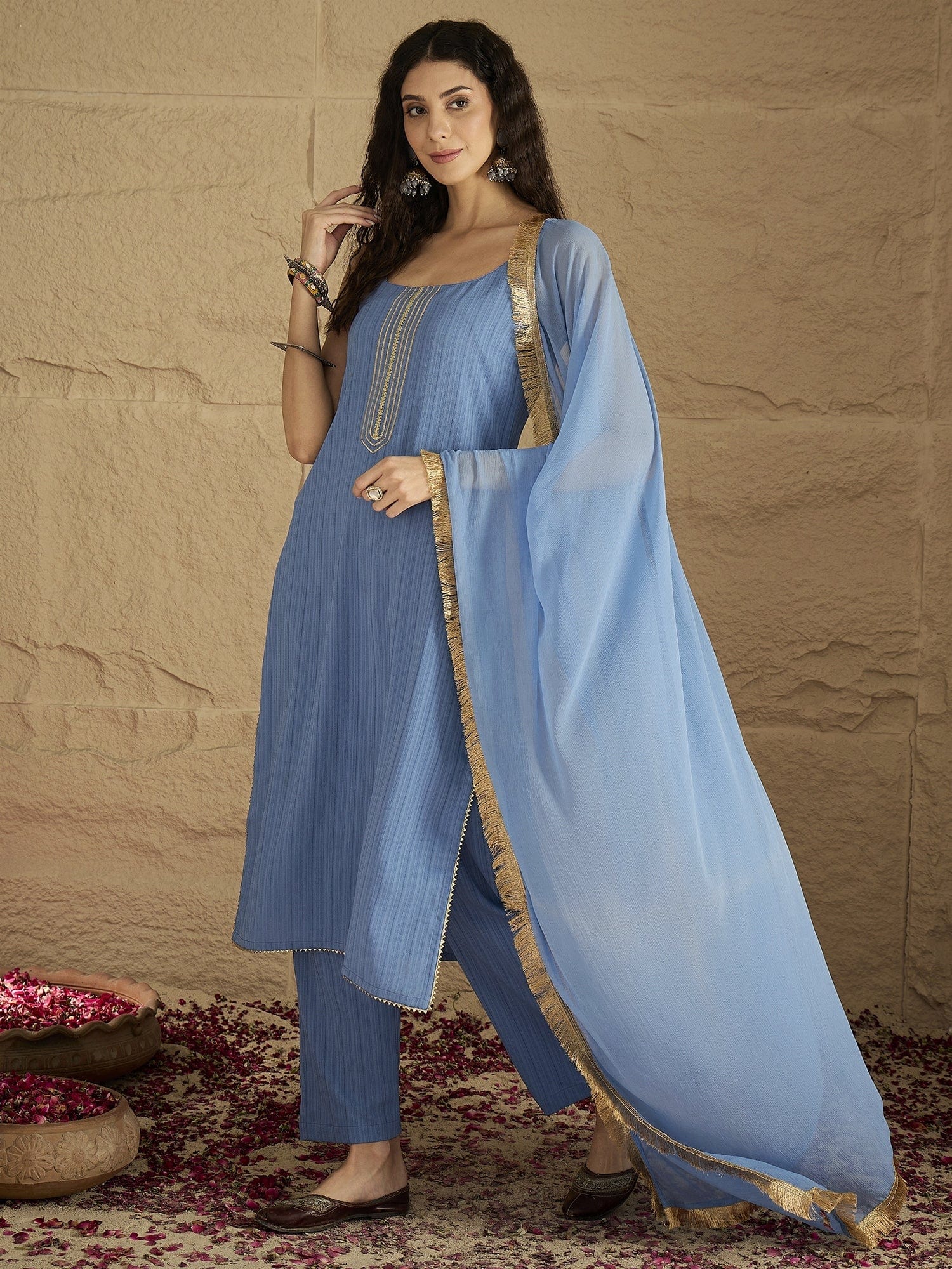 Varanga Women Blue Straight Kurta With Tonal Bottom & Dupatta