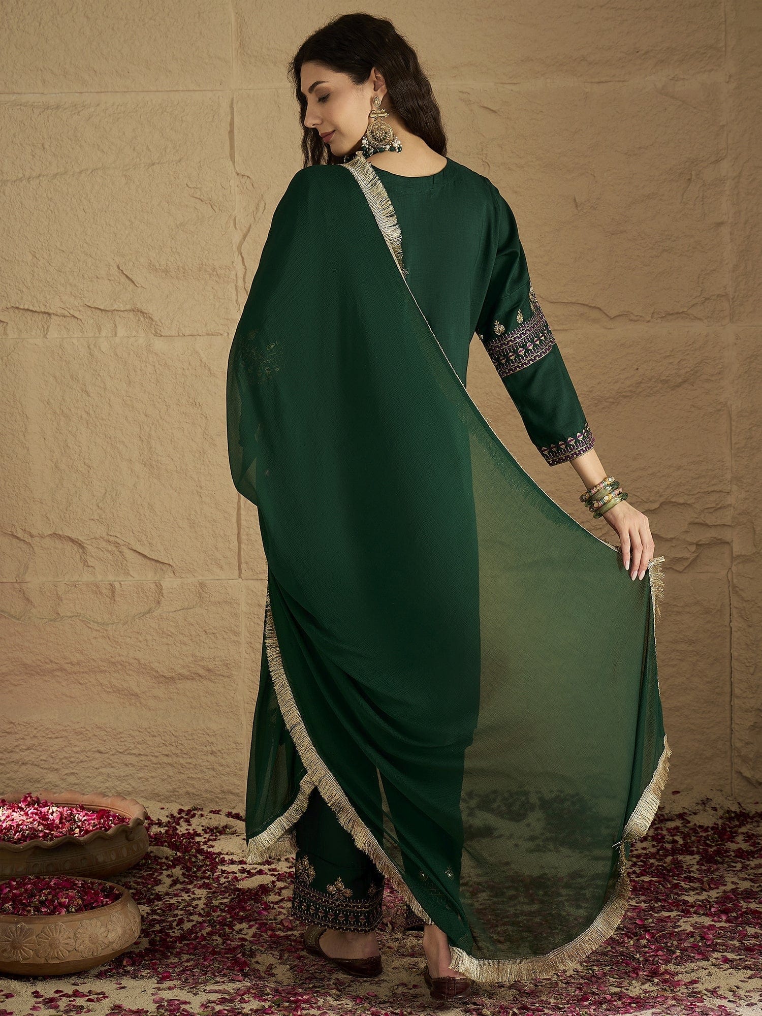Green Embroidered Straight Kurta Paired With Tonal Embroidered Bottom And With Tonal Chiffon Dotted Dupatta