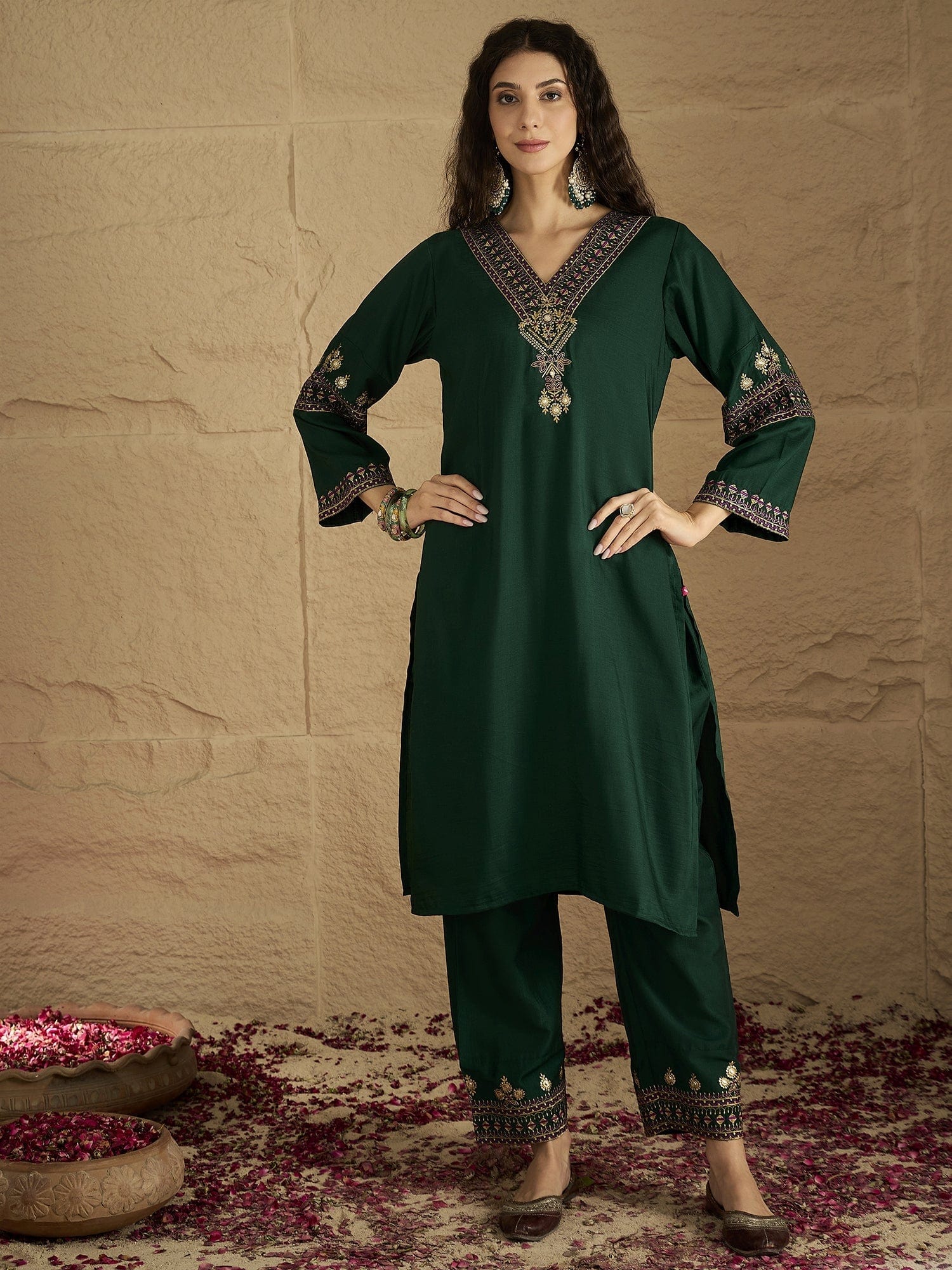 Green Embroidered Straight Kurta Paired With Tonal Embroidered Bottom And With Tonal Chiffon Dotted Dupatta