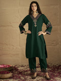 Green Embroidered Straight Kurta Paired With Tonal Embroidered Bottom And With Tonal Chiffon Dotted Dupatta
