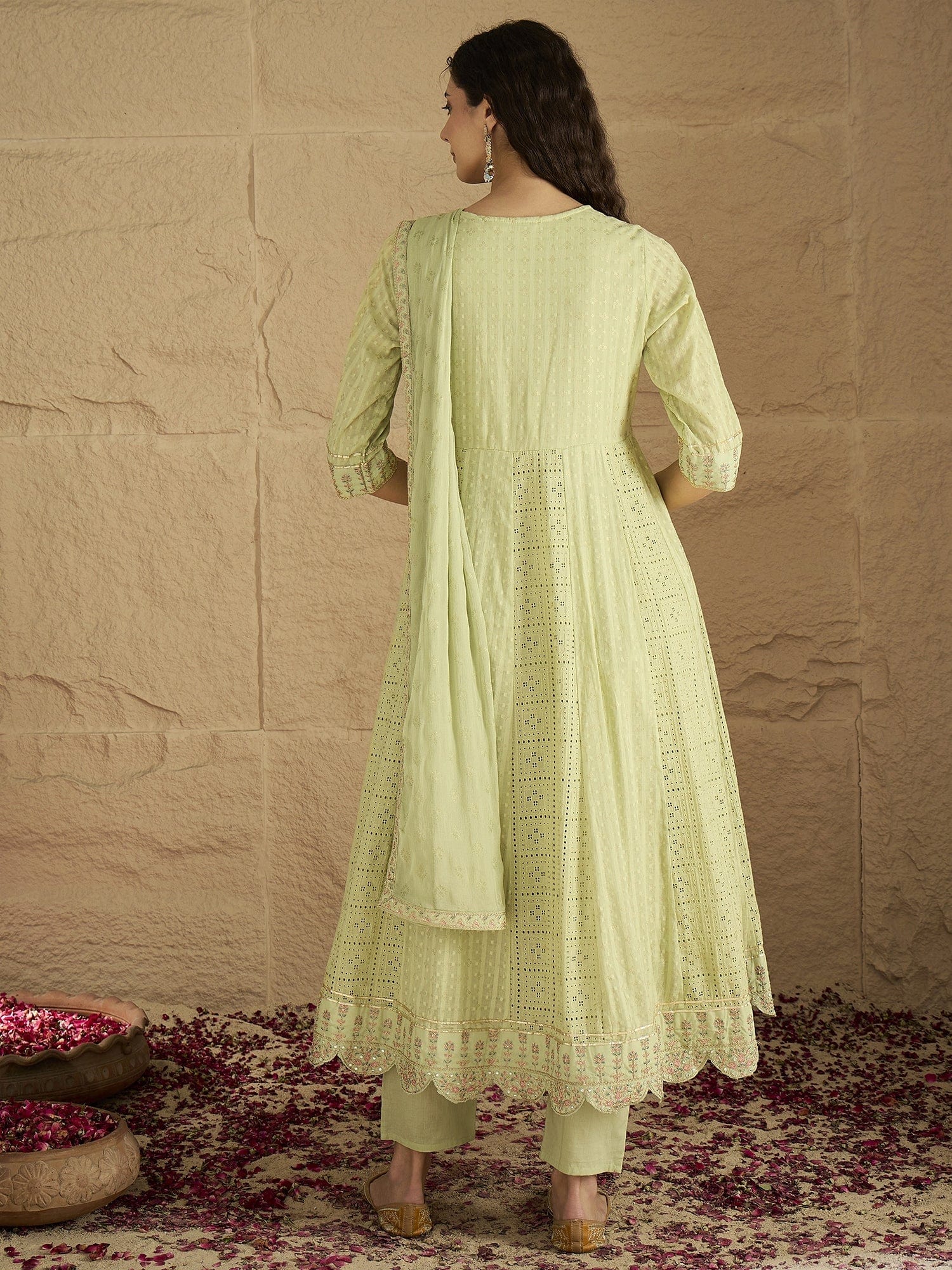 Varanga Women Lime Green Mirror And Thread Embroidered,Gotta Embellished Scalloped Schiffli Anarkali Kurta Paired Wirh Printed Bottom And Embroidered Dupatta