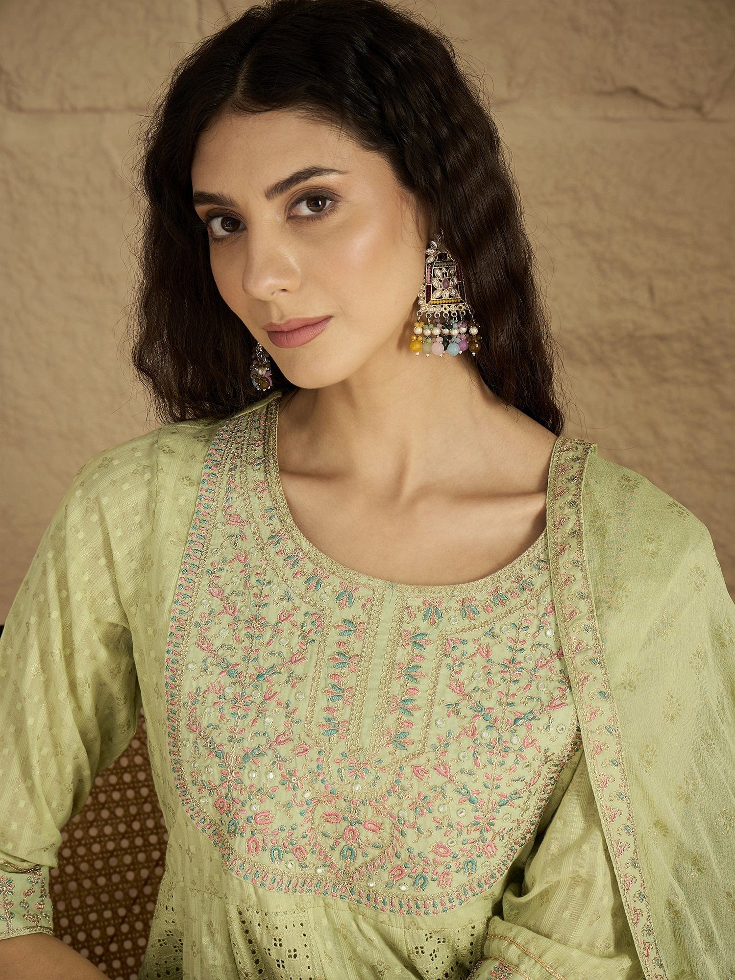 Varanga Women Lime Green Mirror And Thread Embroidered,Gotta Embellished Scalloped Schiffli Anarkali Kurta Paired Wirh Printed Bottom And Embroidered Dupatta