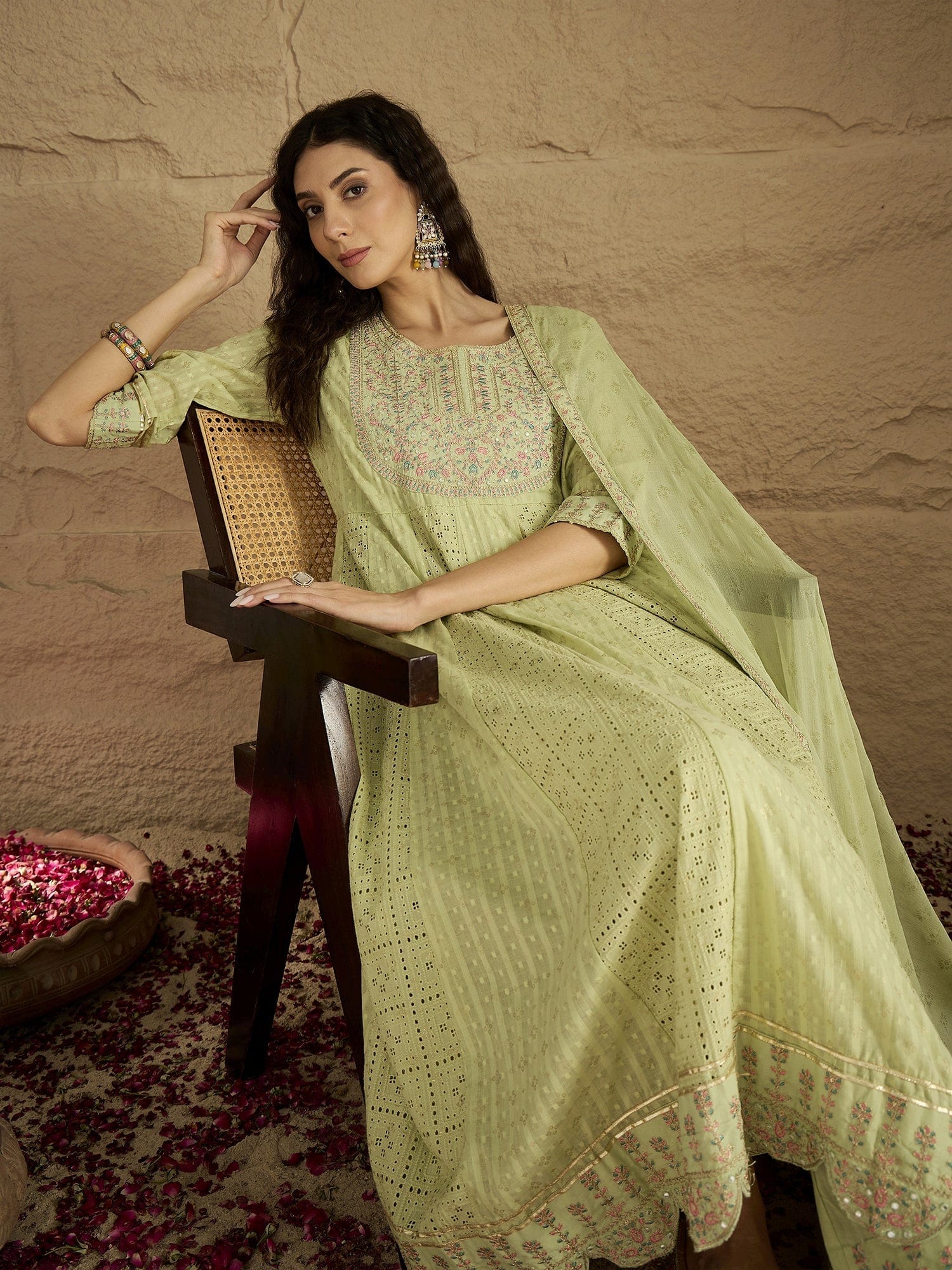 Varanga Women Lime Green Mirror And Thread Embroidered,Gotta Embellished Scalloped Schiffli Anarkali Kurta Paired Wirh Printed Bottom And Embroidered Dupatta