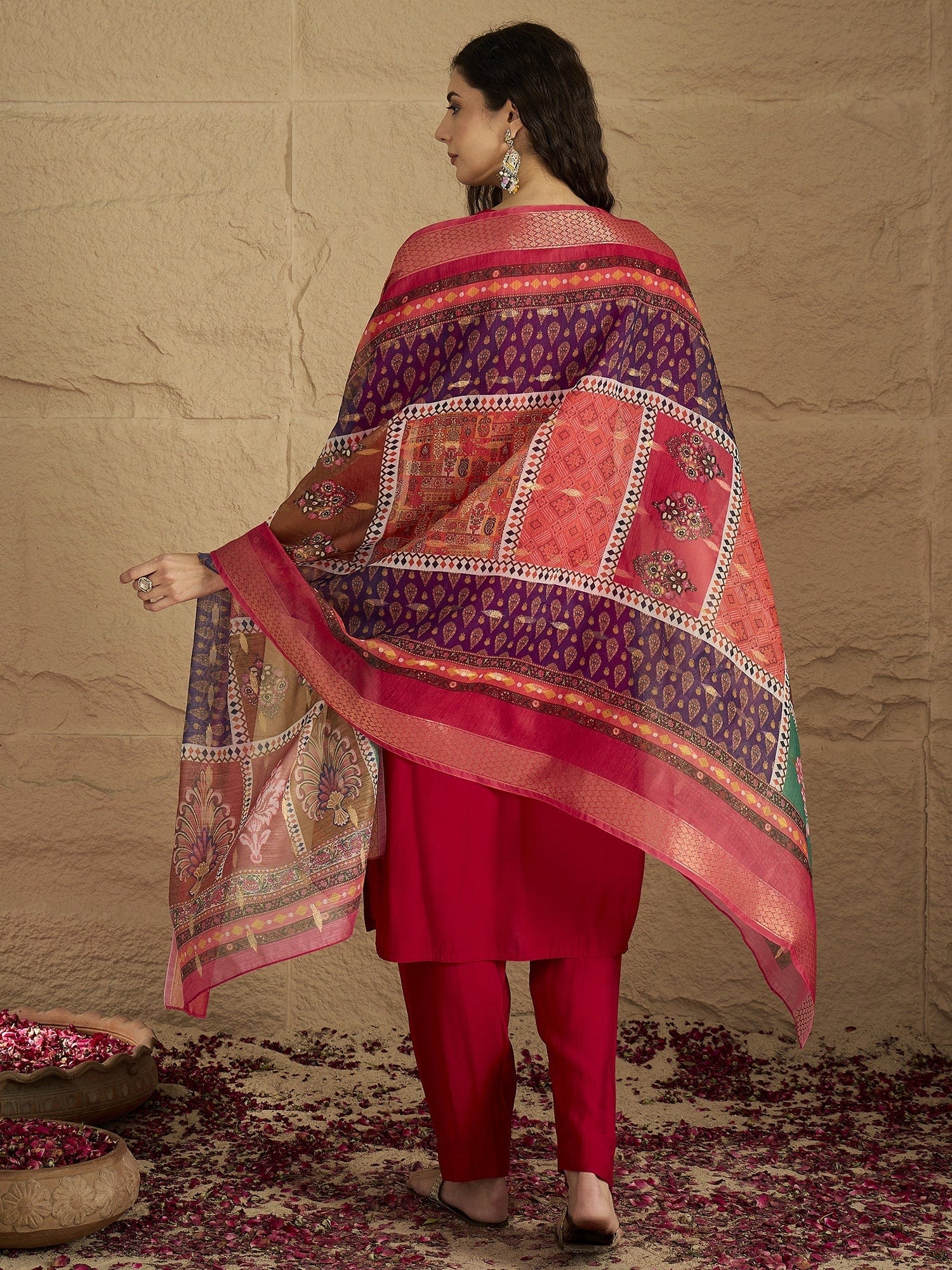 Varanga Women Pink Round Neck  Embroidered Kurta Paired With Tonal Bottom & Printed Dupatta