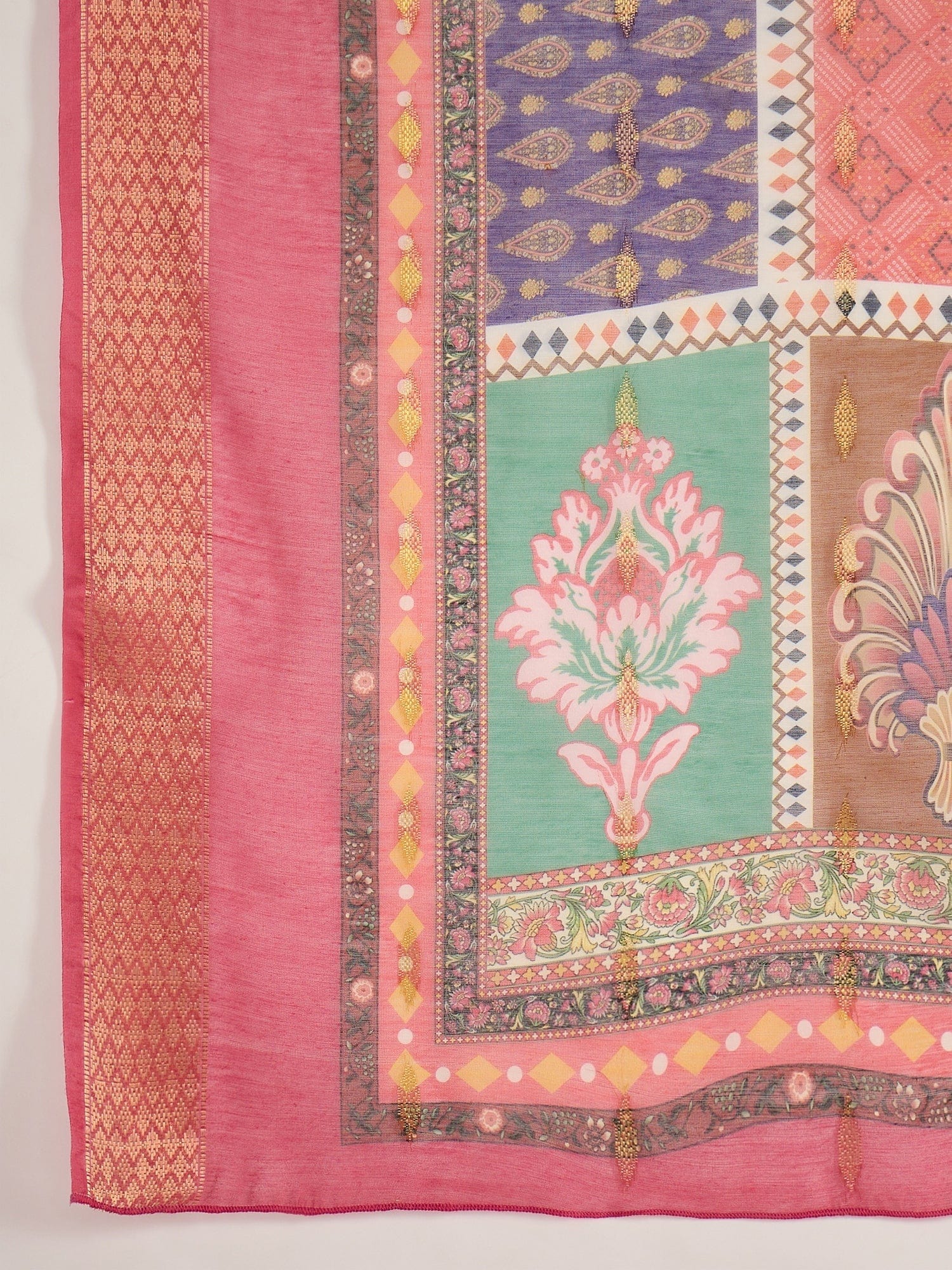 Varanga Women Pink Round Neck  Embroidered Kurta Paired With Tonal Bottom & Printed Dupatta