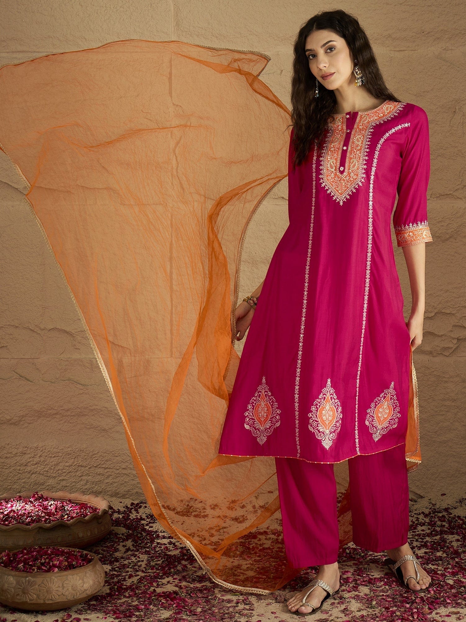 Varanga Women Pink Zari Embroidered Contrast Yoke Kurta With Bottom And Contrast Dupatta