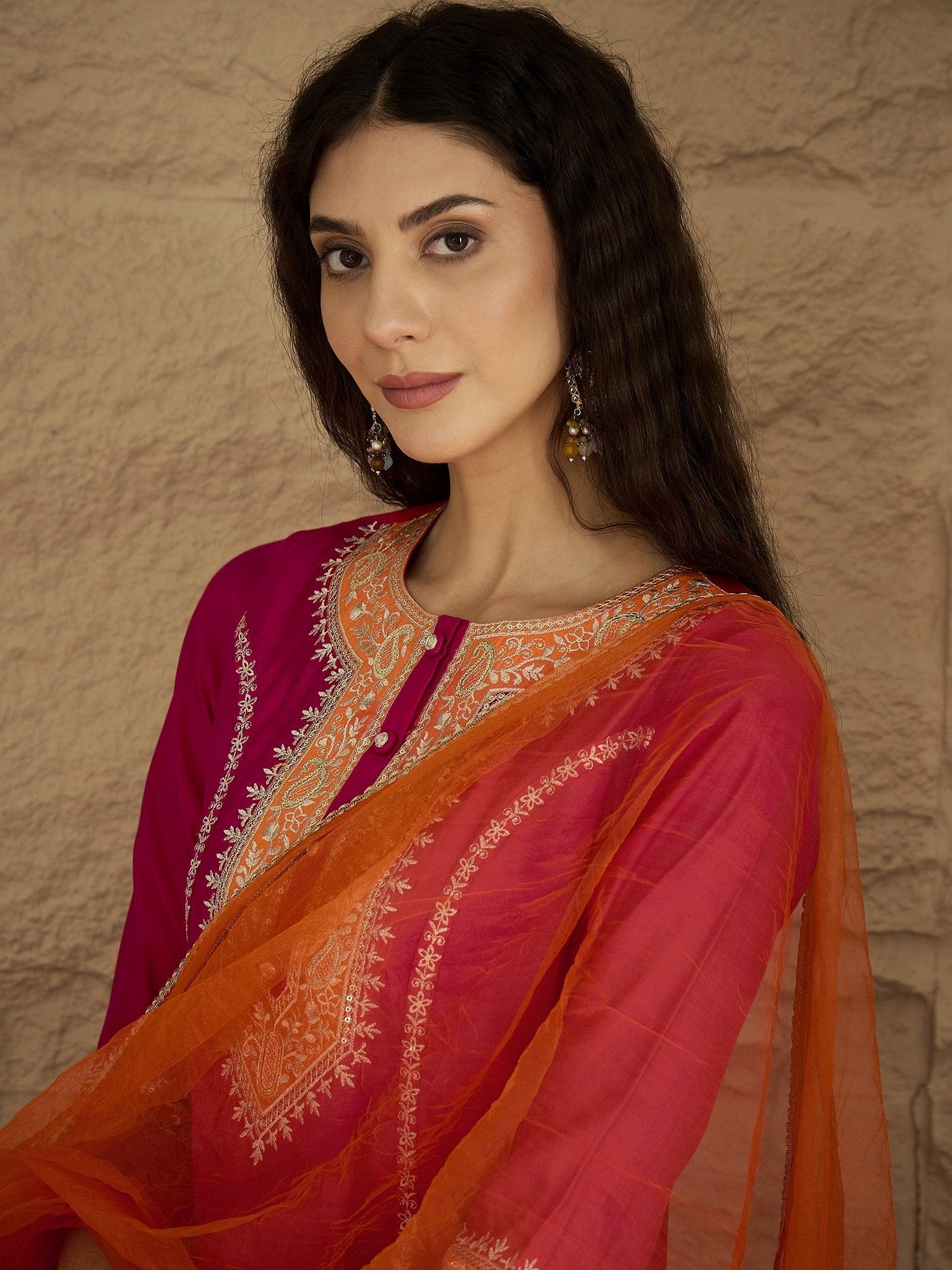 Varanga Women Pink Zari Embroidered Contrast Yoke Kurta With Bottom And Contrast Dupatta