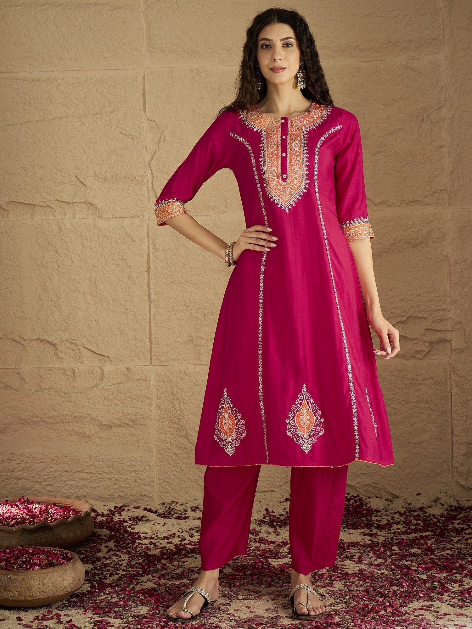 Varanga Women Pink Zari Embroidered Contrast Yoke Kurta With Bottom And Contrast Dupatta