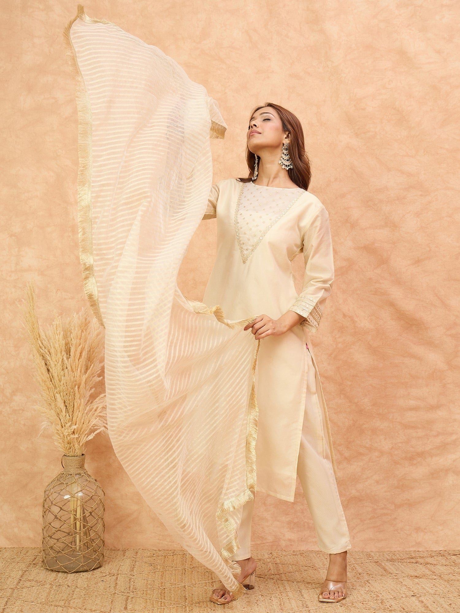 Varanga Women Zari Embroidered And Sequence Embellished With Organza Detailed Kurta With Bottom And Dupatta