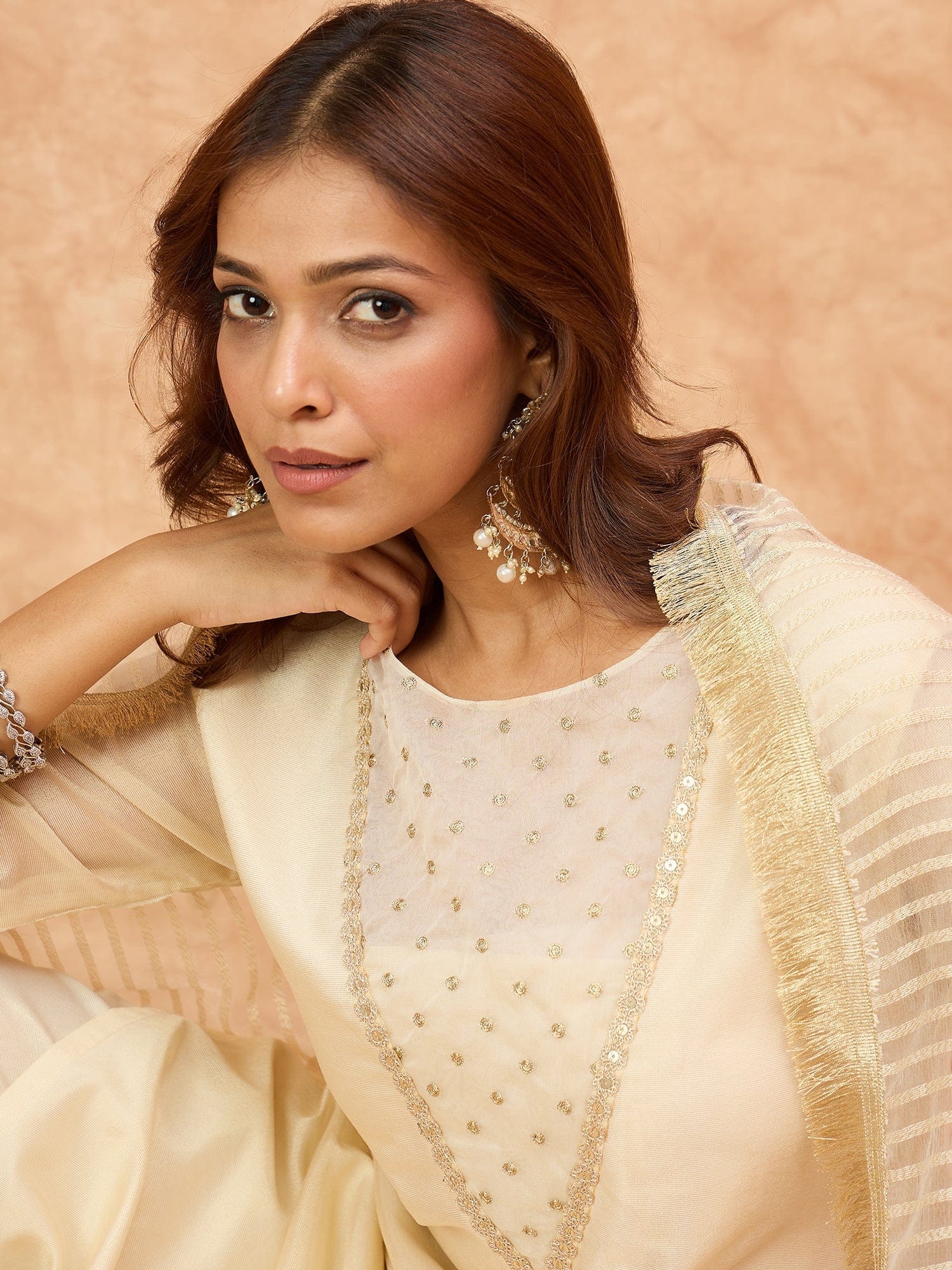 Varanga Women Zari Embroidered And Sequence Embellished With Organza Detailed Kurta With Bottom And Dupatta