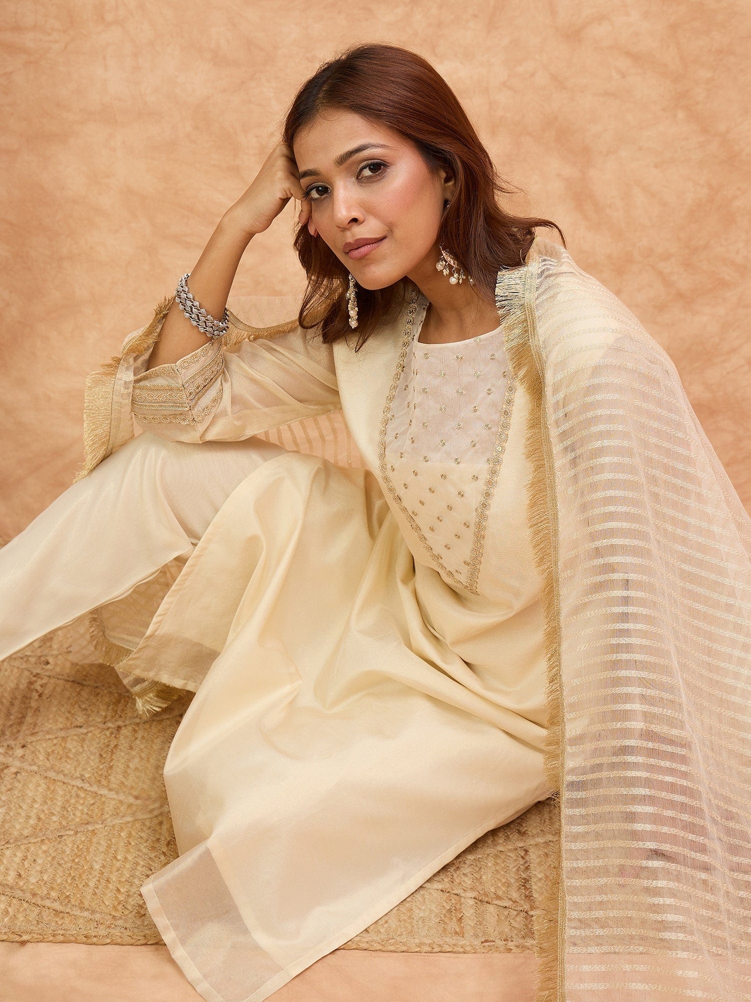 Varanga Women Zari Embroidered And Sequence Embellished With Organza Detailed Kurta With Bottom And Dupatta