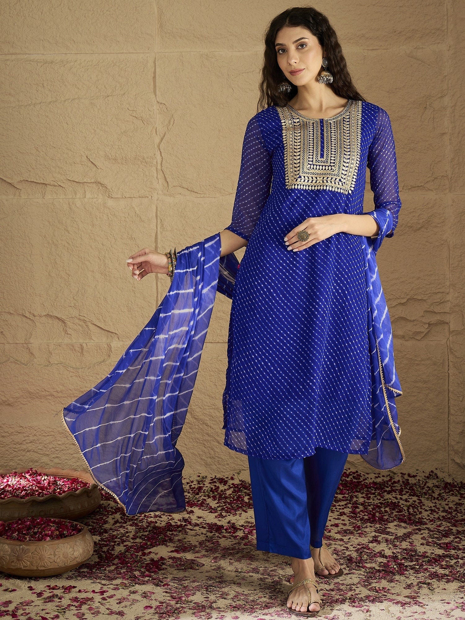 Varanga Women Navy Blue Bandhani Zari Embroidered Kurta Set with Dupatta