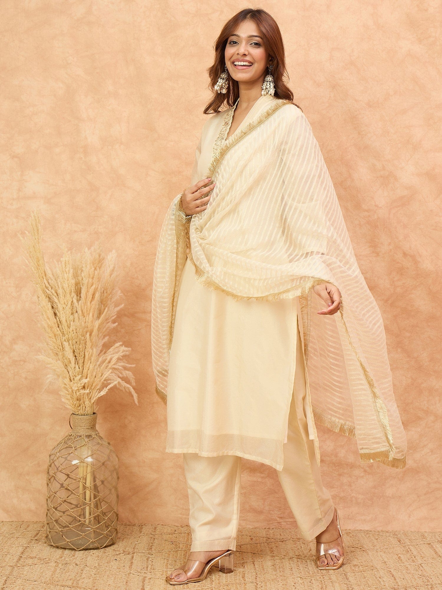 Varanga Women Cream Brocade Shimmer Zari Embroidered Kurta Set with Dupatta