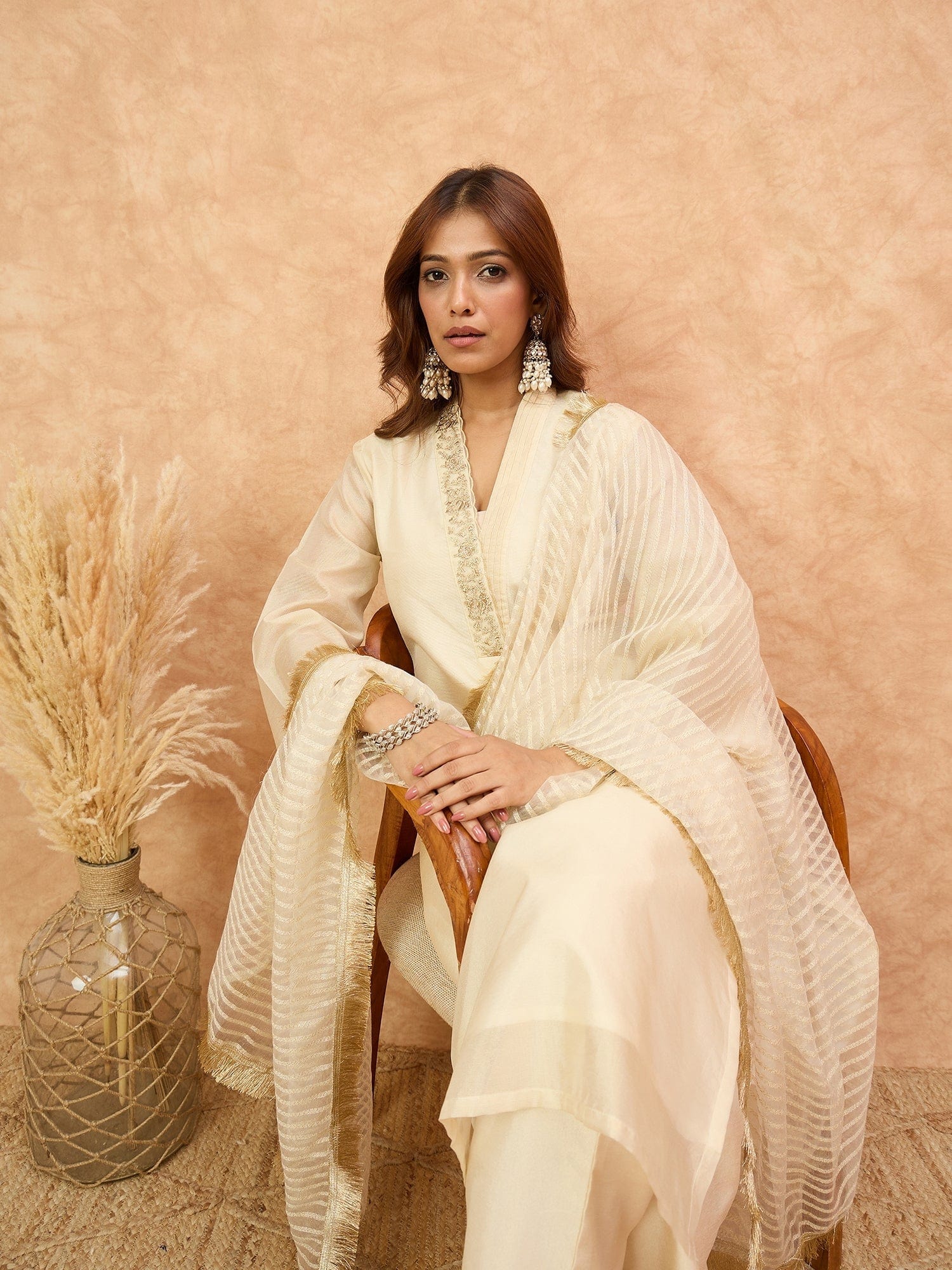 Varanga Women Cream Brocade Shimmer Zari Embroidered Kurta Set with Dupatta