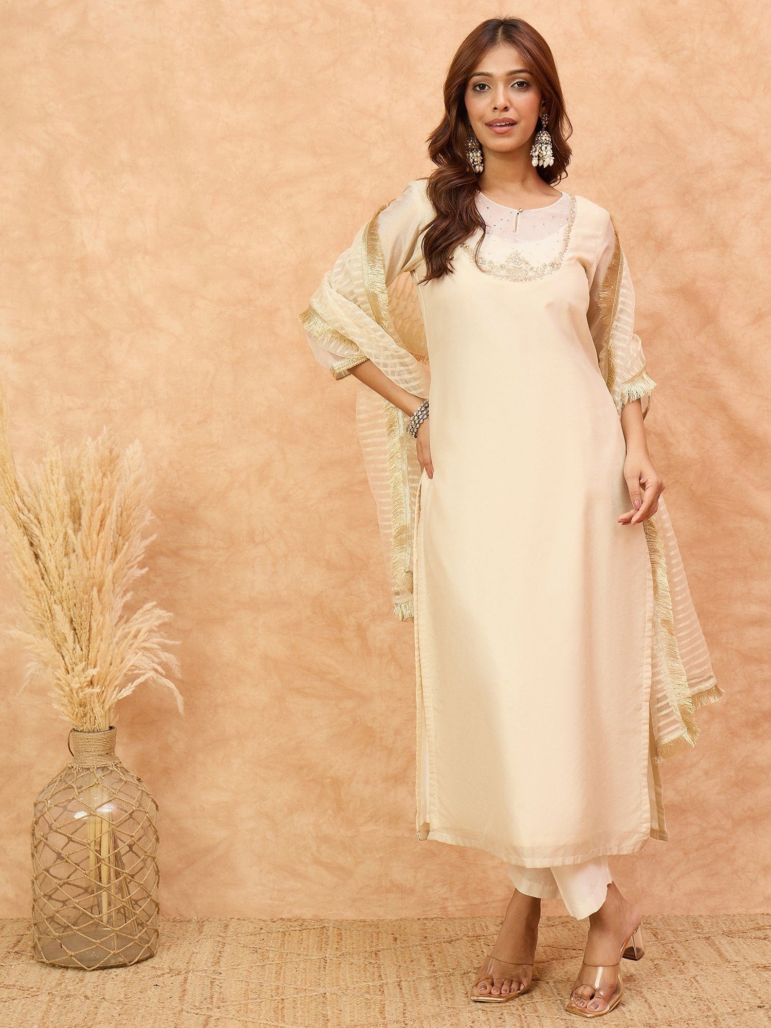 Varanga Women Zari Embroidered And Sequence Embellished With Organza Detailed Kurta With Bottom And Dupatta