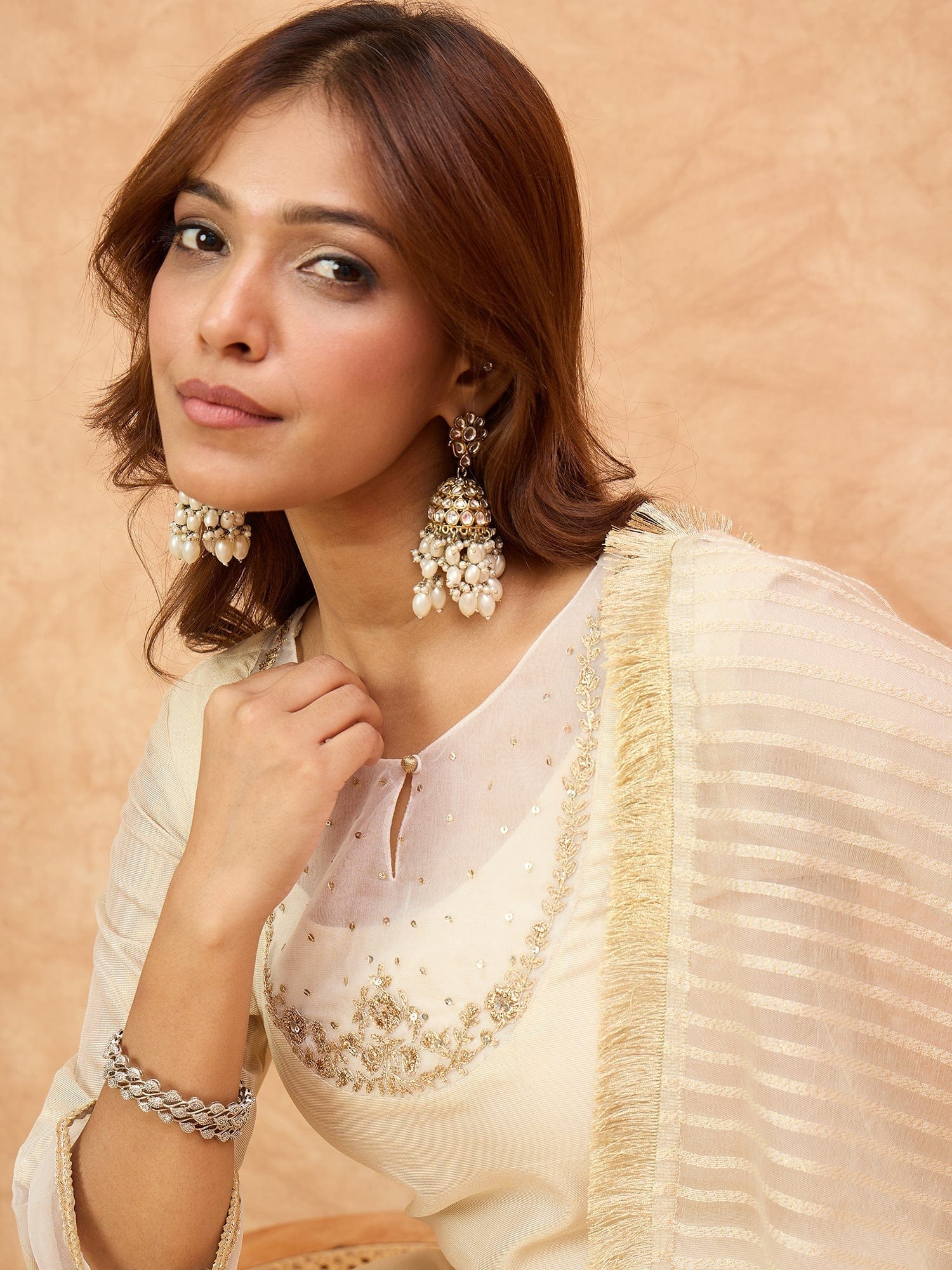 Varanga Women Zari Embroidered And Sequence Embellished With Organza Detailed Kurta With Bottom And Dupatta