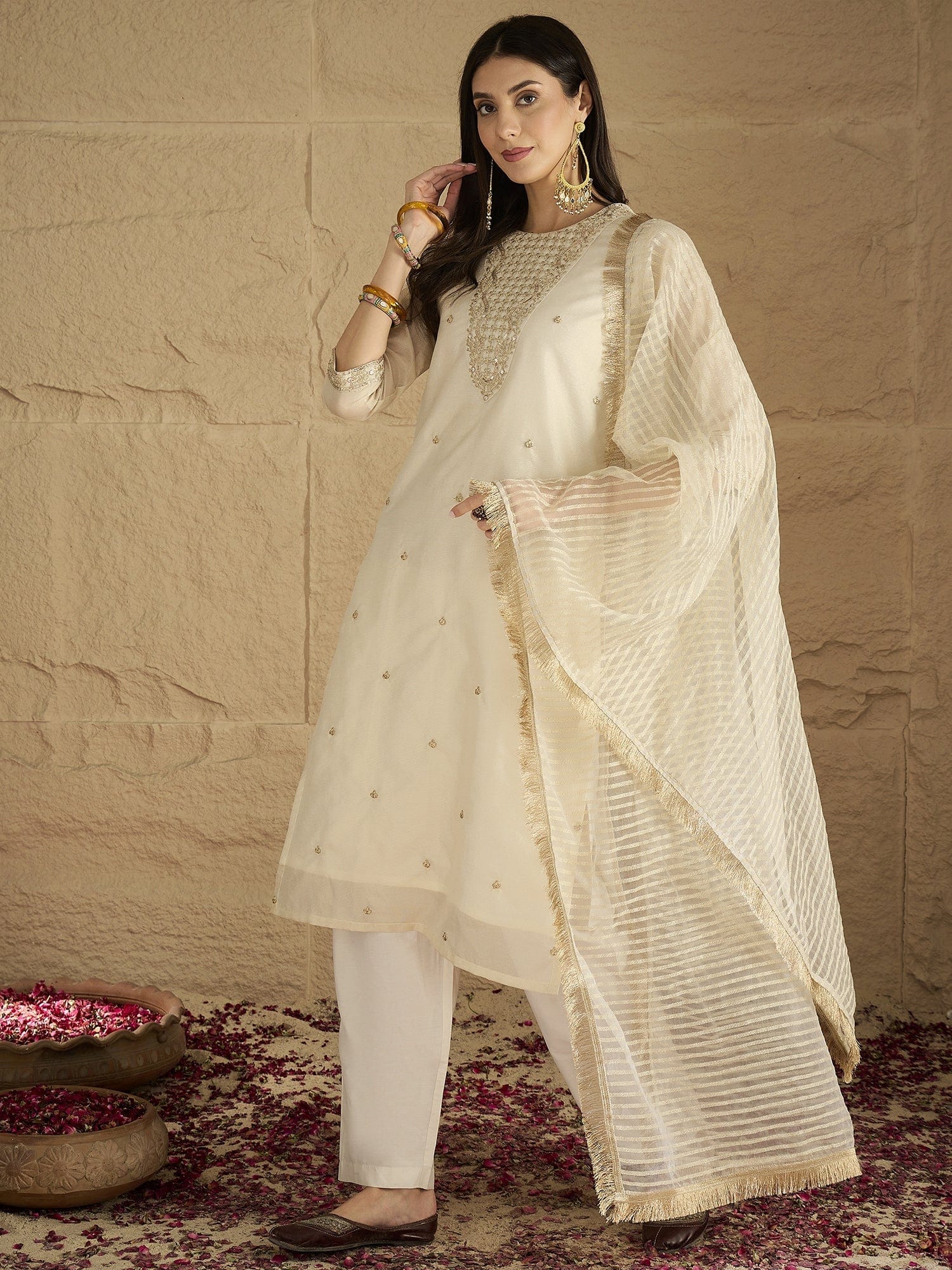 Varanga Women Brocade Gold Round Neck Zari Embroidered Sequins Embellished Kurta Set with Dupatta