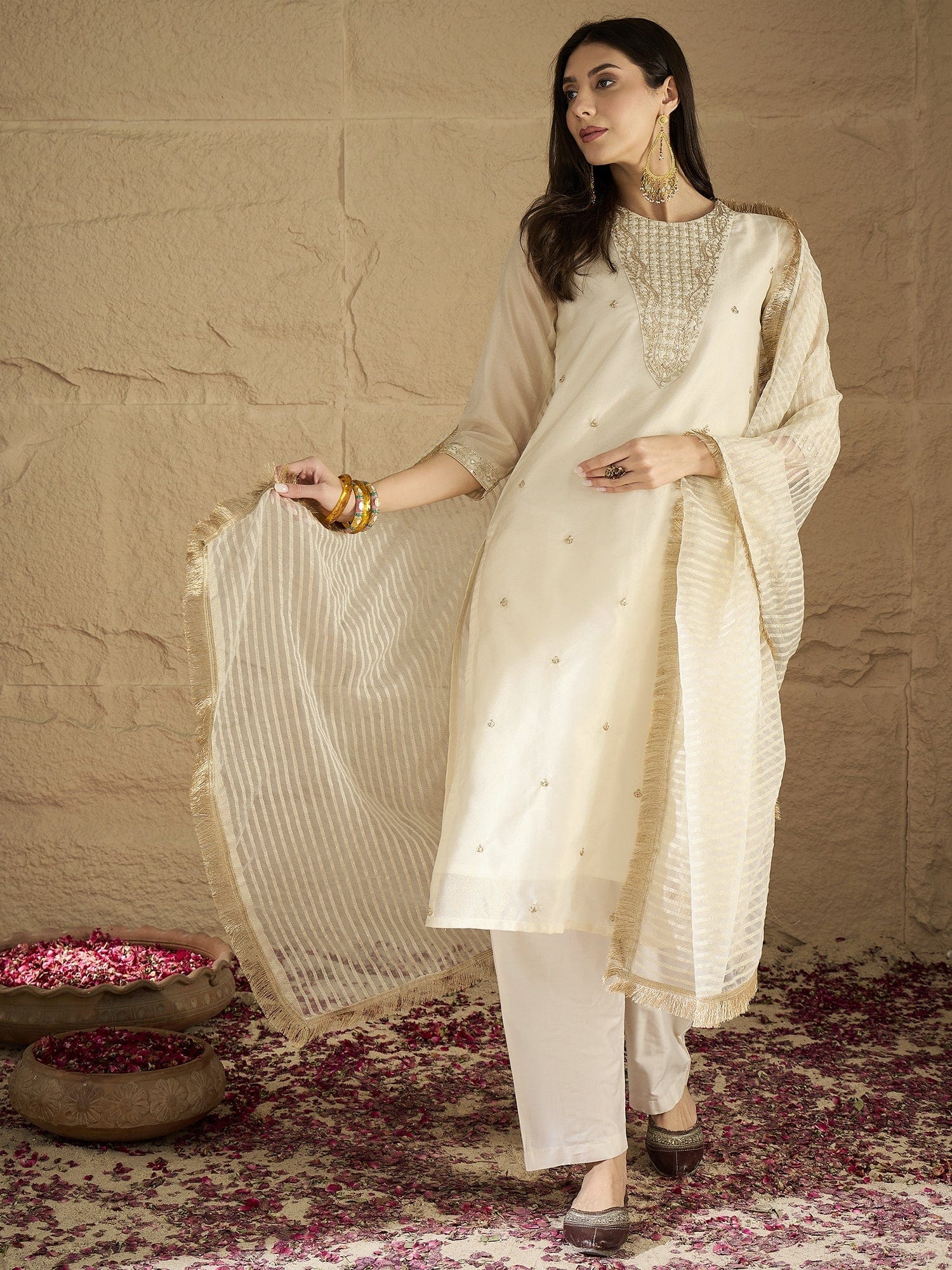 Varanga Women Brocade Gold Round Neck Zari Embroidered Sequins Embellished Kurta Set with Dupatta