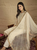 Varanga Women Brocade Gold Round Neck Zari Embroidered Sequins Embellished Kurta Set with Dupatta