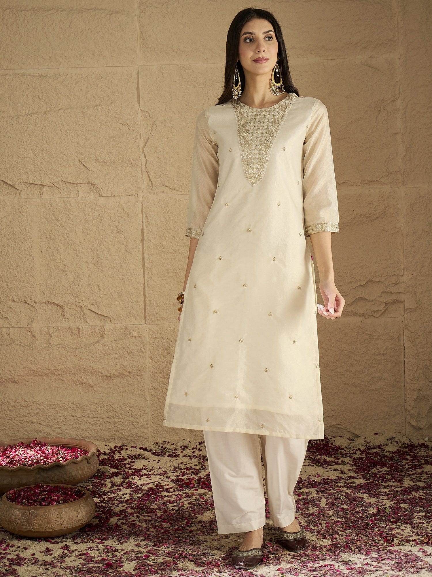 Varanga Women Brocade Gold Round Neck Zari Embroidered Sequins Embellished Kurta Set with Dupatta