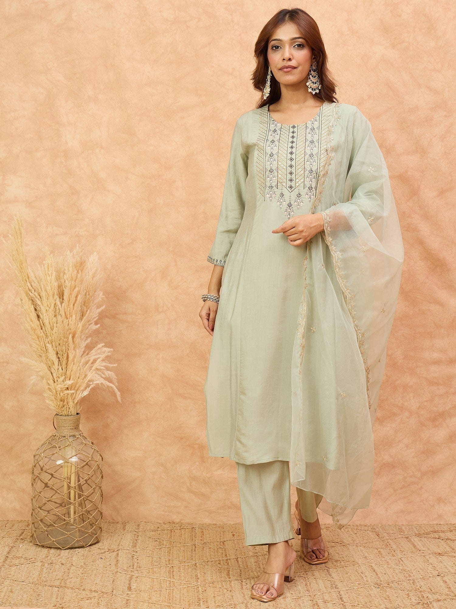 Varanga Women-Thread & Sequin Embroidered Yoke Kurta With Trouser & Scallop Dupatta