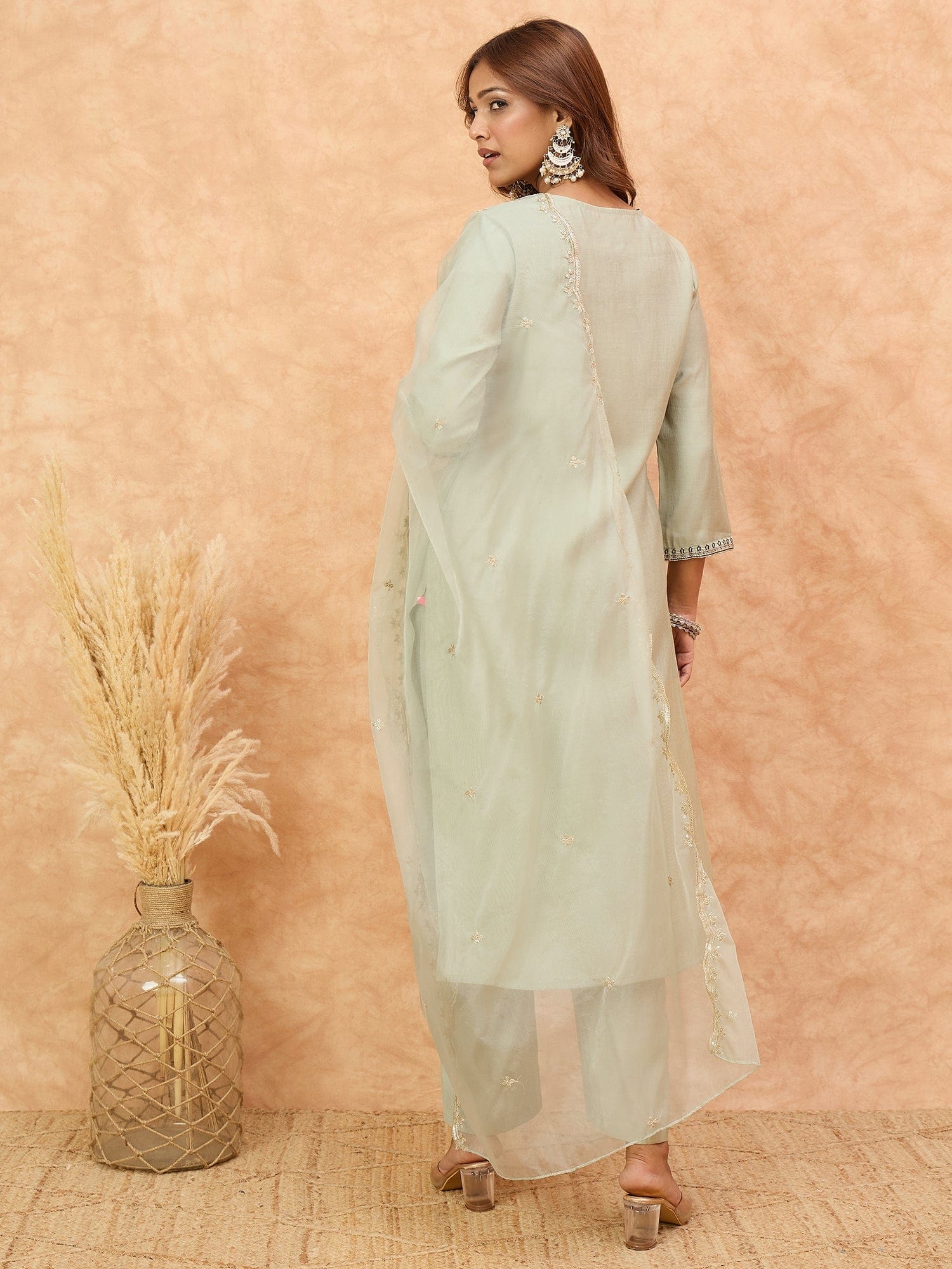 Varanga Women-Thread & Sequin Embroidered Yoke Kurta With Trouser & Scallop Dupatta
