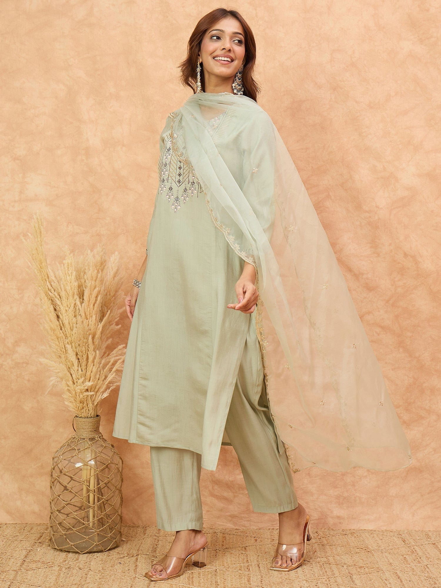 Varanga Women-Thread & Sequin Embroidered Yoke Kurta With Trouser & Scallop Dupatta