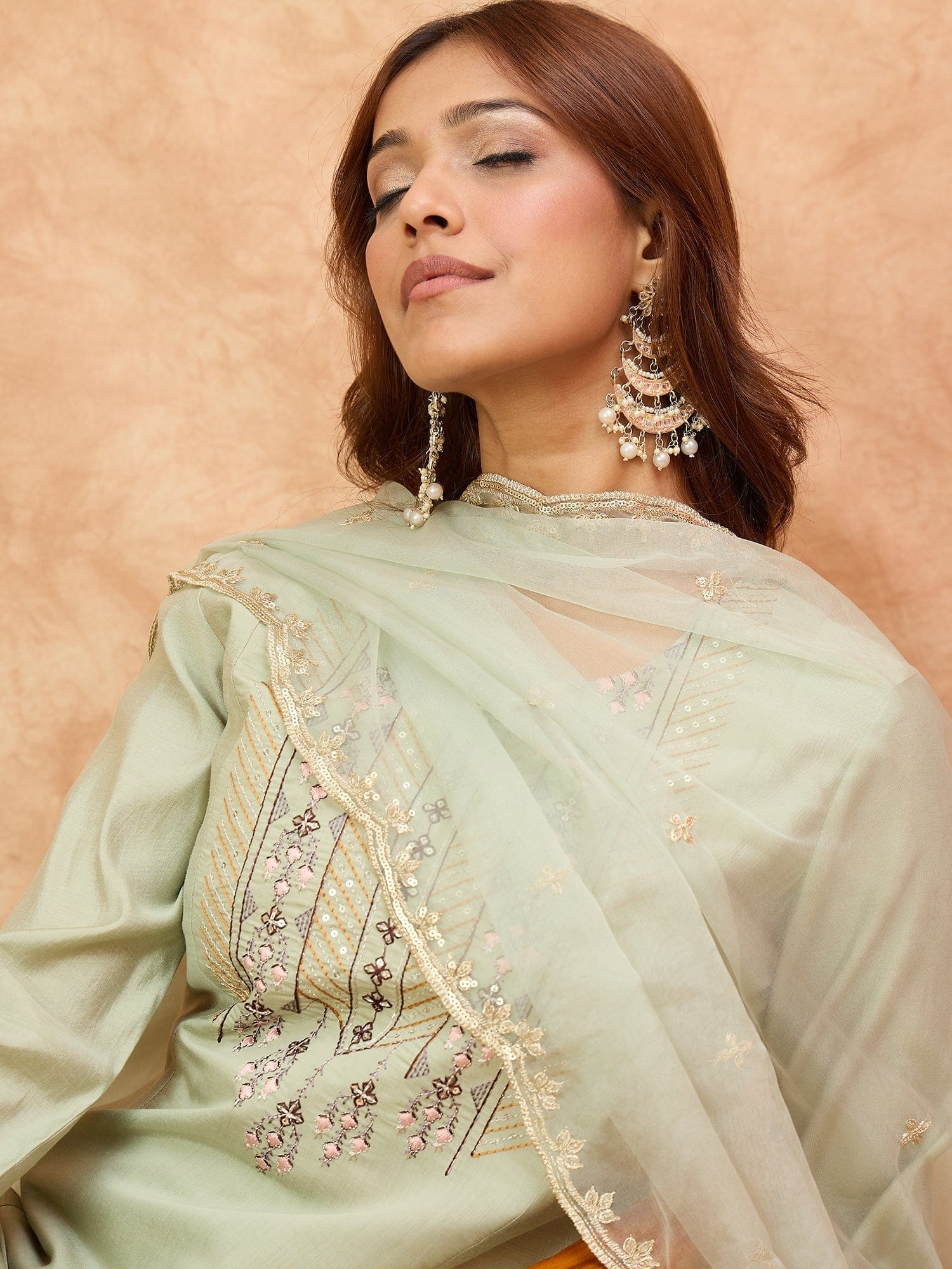 Varanga Women-Thread & Sequin Embroidered Yoke Kurta With Trouser & Scallop Dupatta