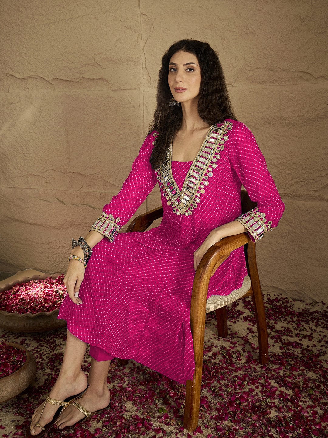 Varanga Women Graceful Beige Kurta Set Featuring Gota Patti Detailing, Paired With Solid Trousers