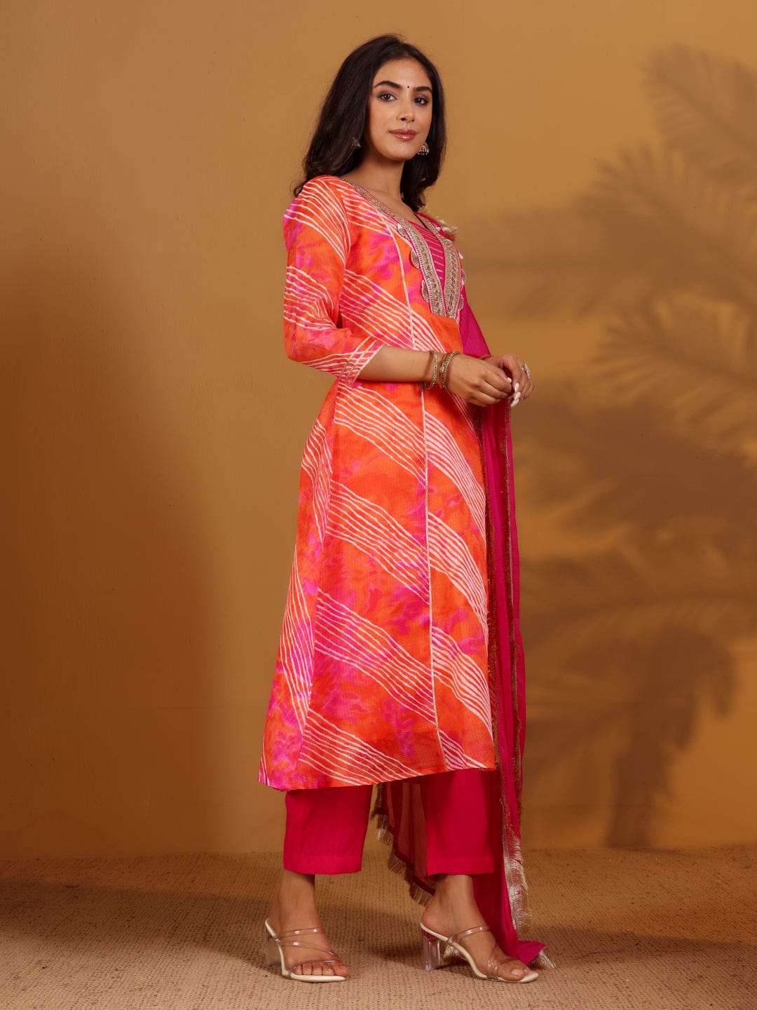 Fushia Bhandhani Printed Anarkali Kurta Paired With Bottom And Dupatta
