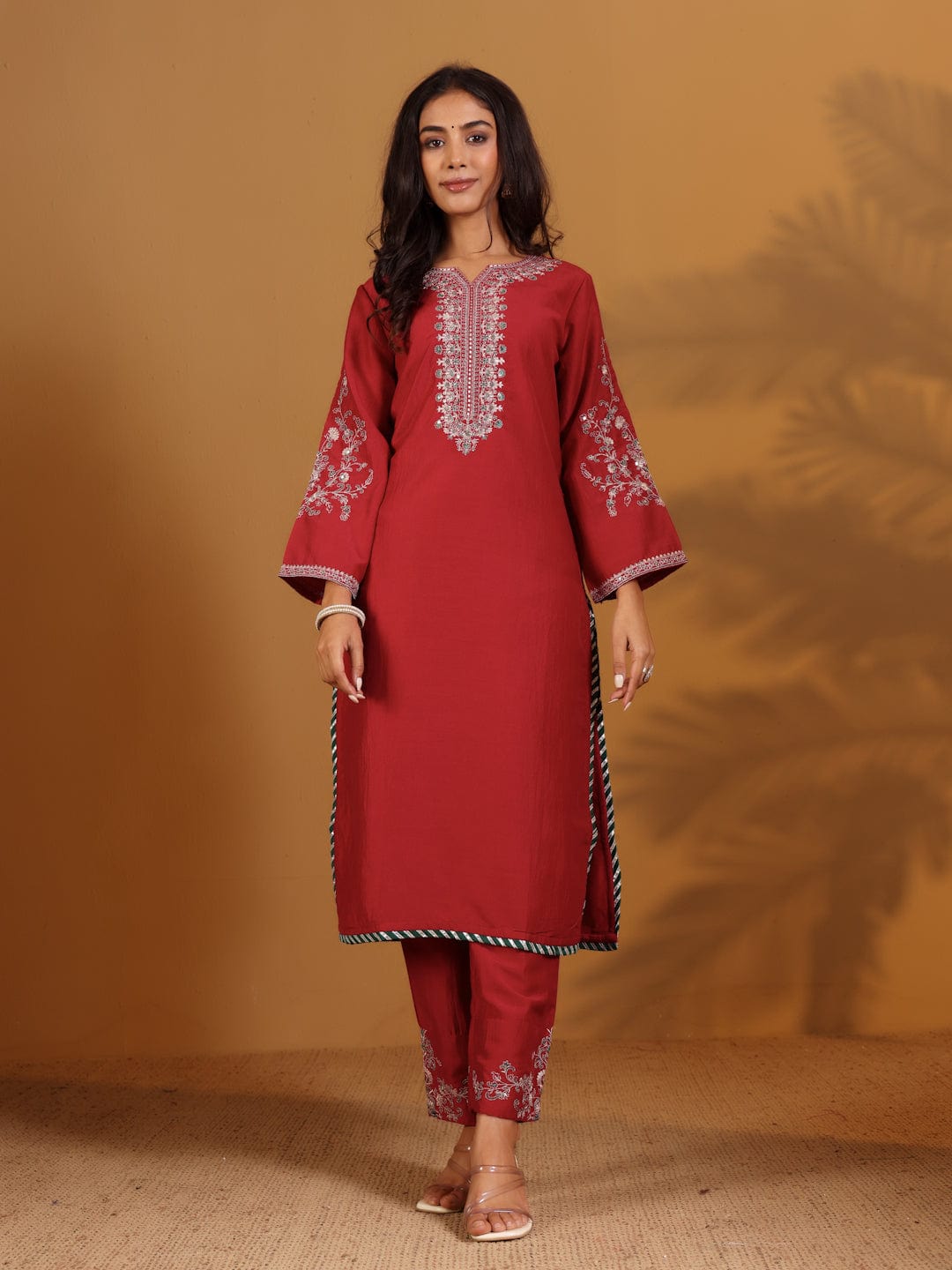 Varanga Women Maroon Yoke Embroidered Straight Kurta With Bottom And Dupatta