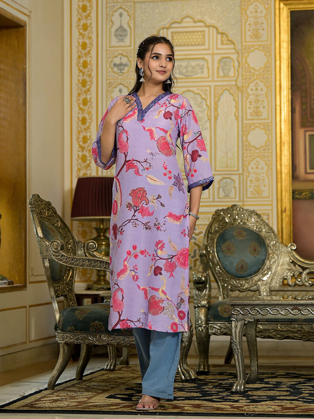 Varanga Women Lavender Floral Printed V-Neck Straight Kurta With Three Quarter Bell Sleeves