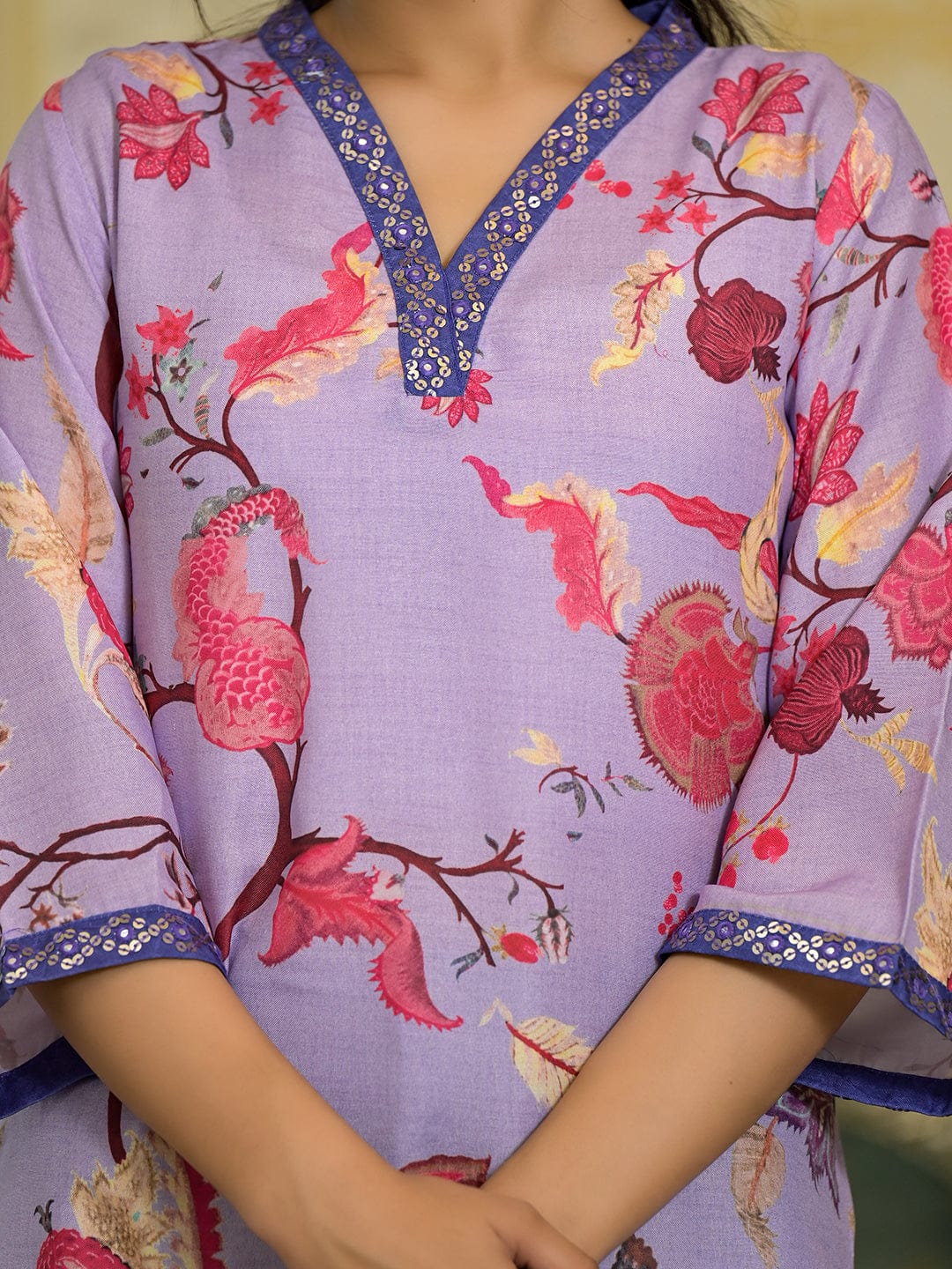 Varanga Women Lavender Floral Printed V-Neck Straight Kurta With Three Quarter Bell Sleeves