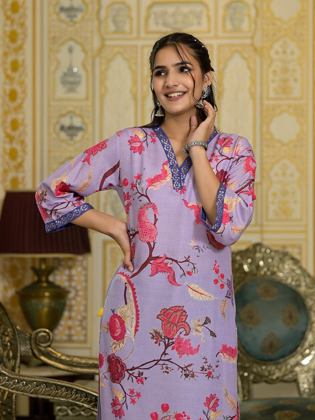 Varanga Women Lavender Floral Printed V-Neck Straight Kurta With Three Quarter Bell Sleeves