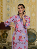 Varanga Women Lavender Floral Printed V-Neck Straight Kurta With Three Quarter Bell Sleeves