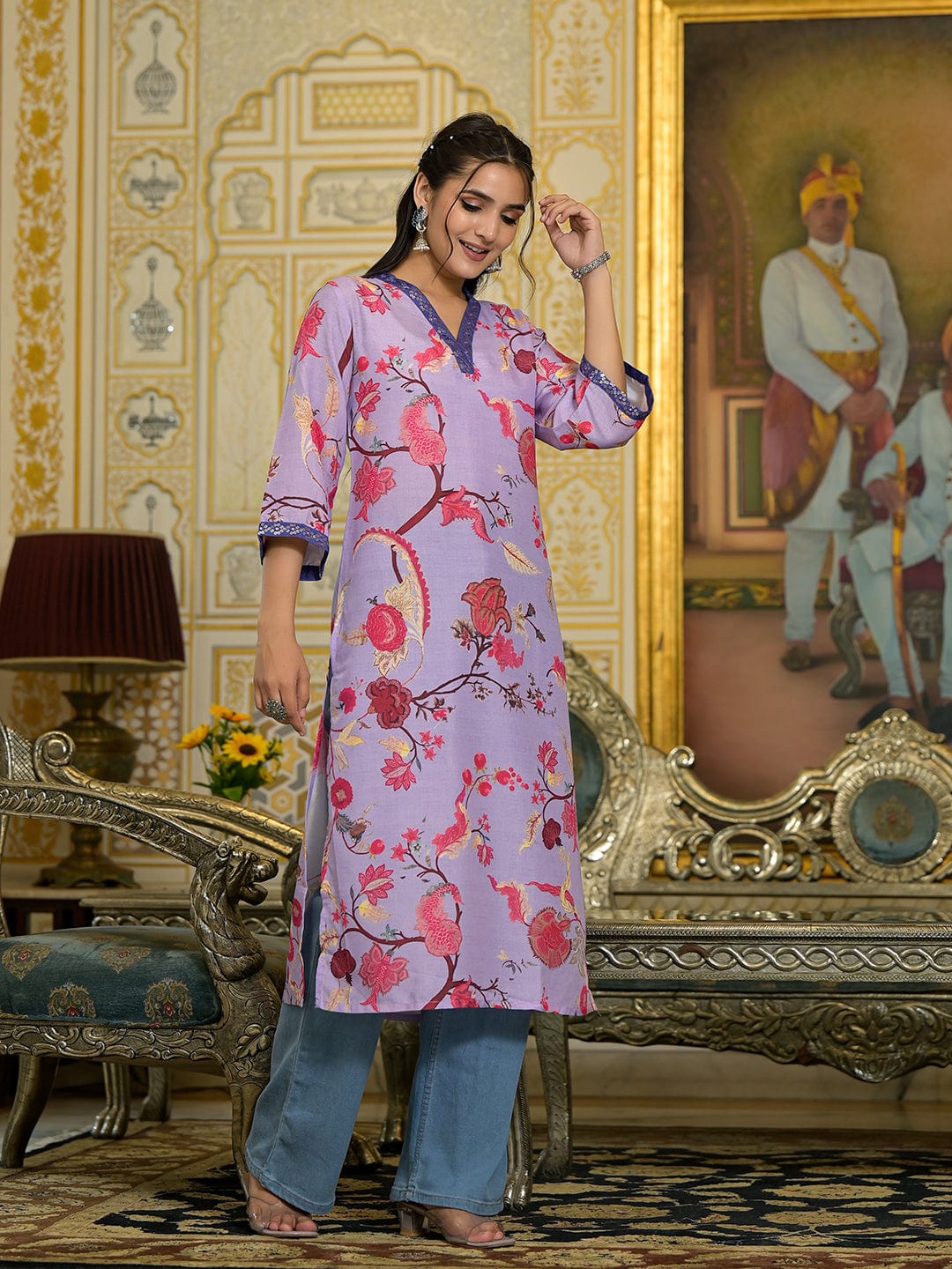 Varanga Women Lavender Floral Printed V-Neck Straight Kurta With Three Quarter Bell Sleeves